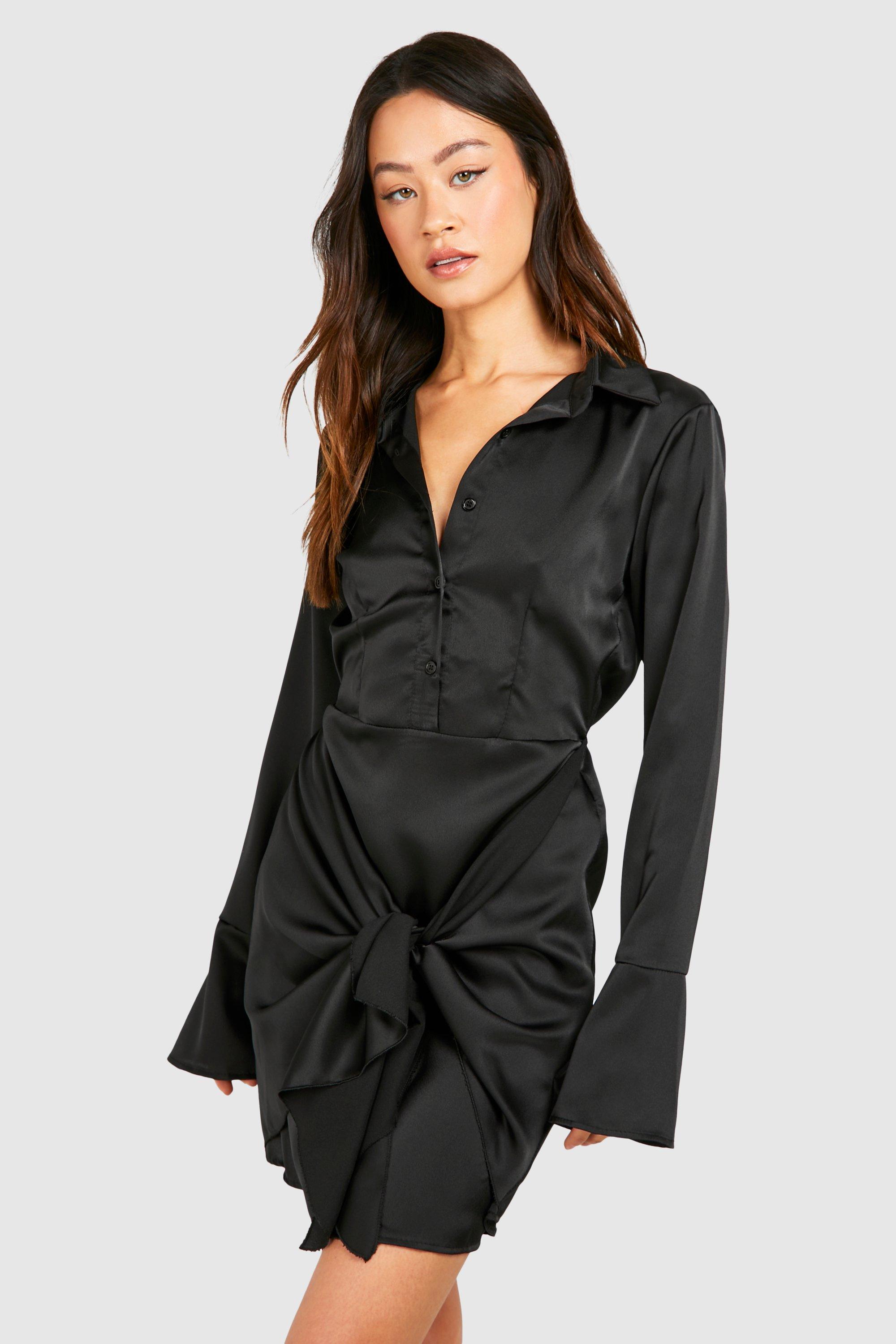 Boohoo Tall Satijnen Blouse Jurk Met Kraag En Strik, Black