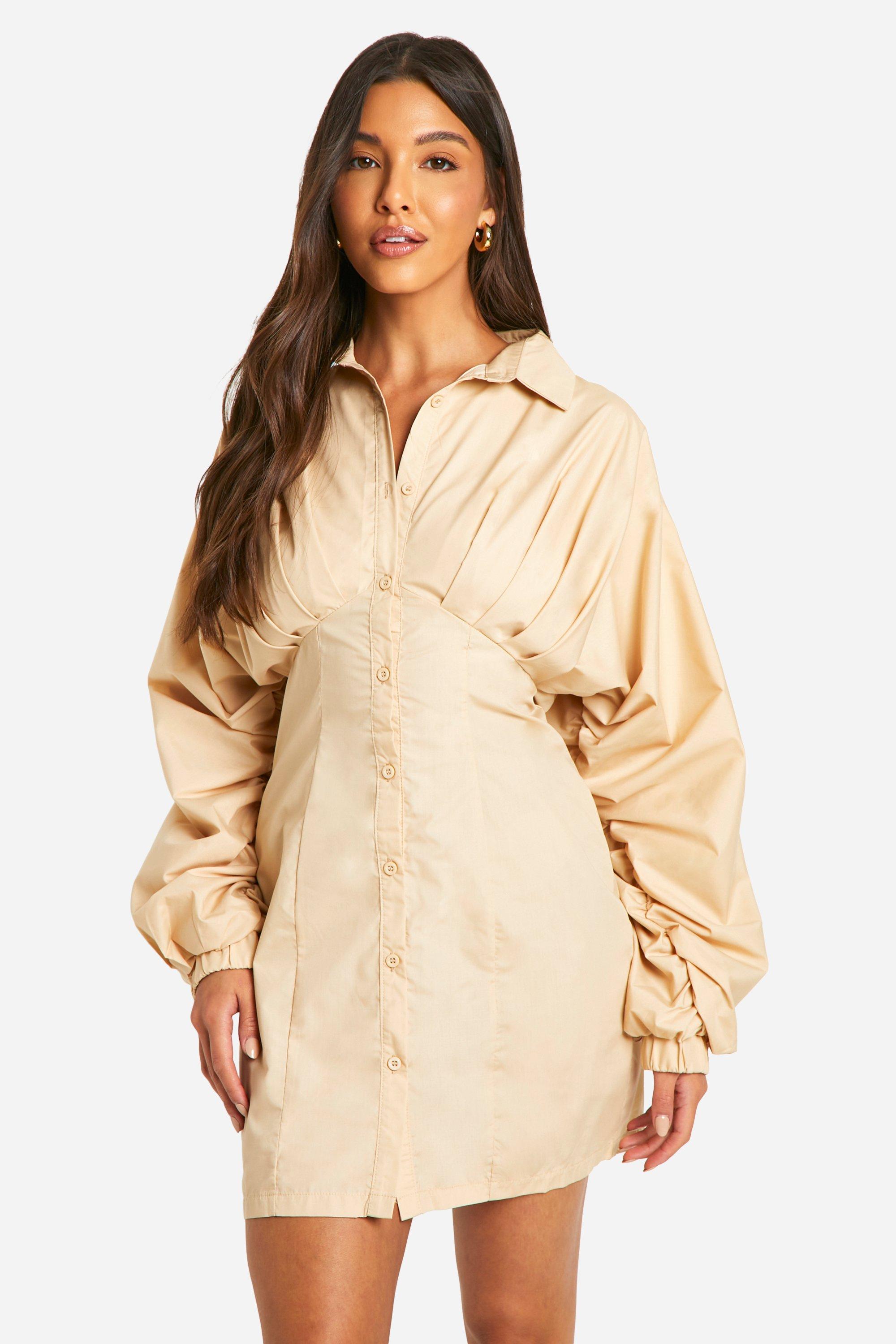 Boohoo Geplooide Blouse Jurk Met Wijde Mouwen, Stone