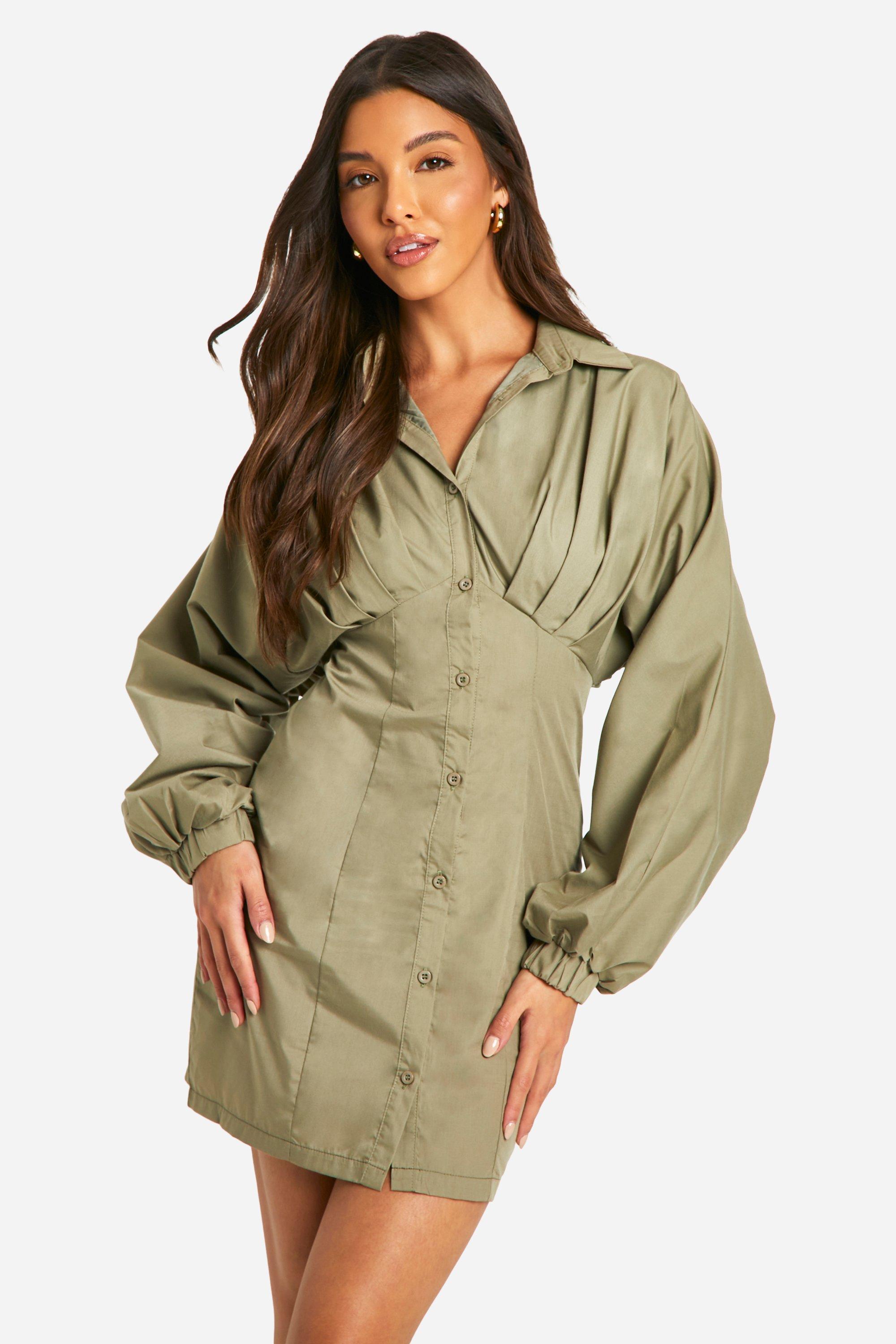 Boohoo Geplooide Blouse Jurk Met Wijde Mouwen, Khaki