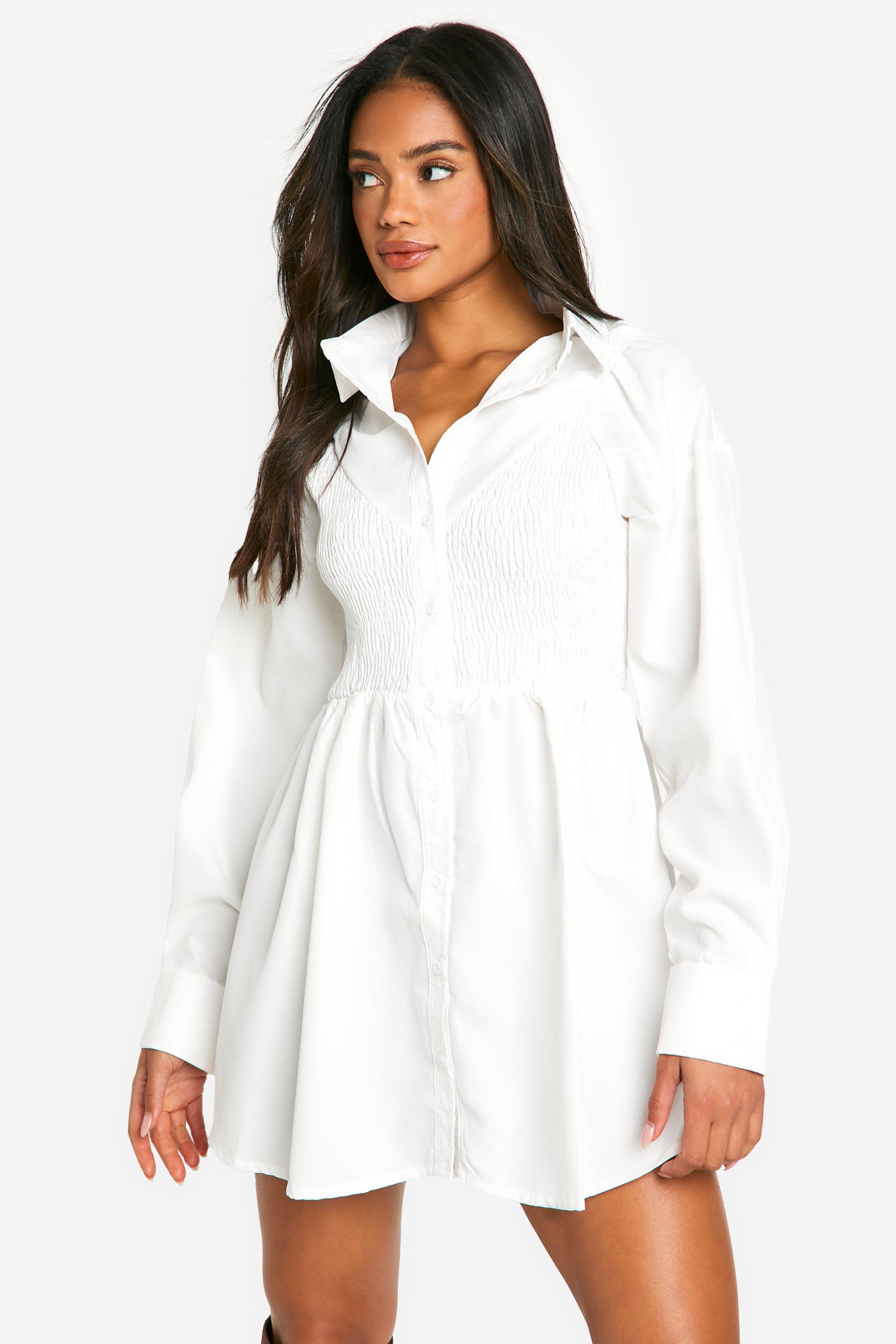 Boohoo Geplooide Katoenen Blouse Jurk, White