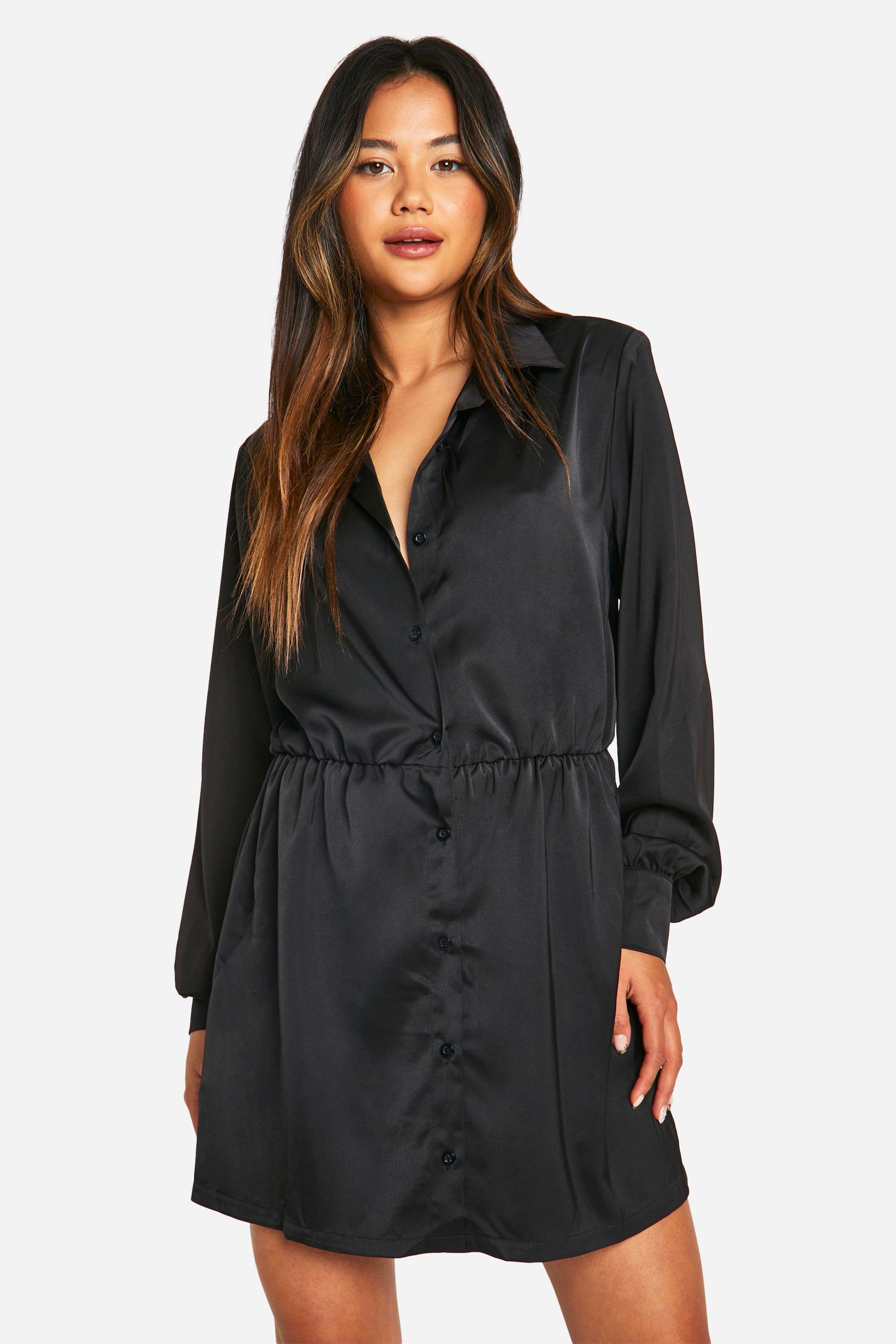 Boohoo Satijnen Blouse Jurk Met Schouderpads, Black