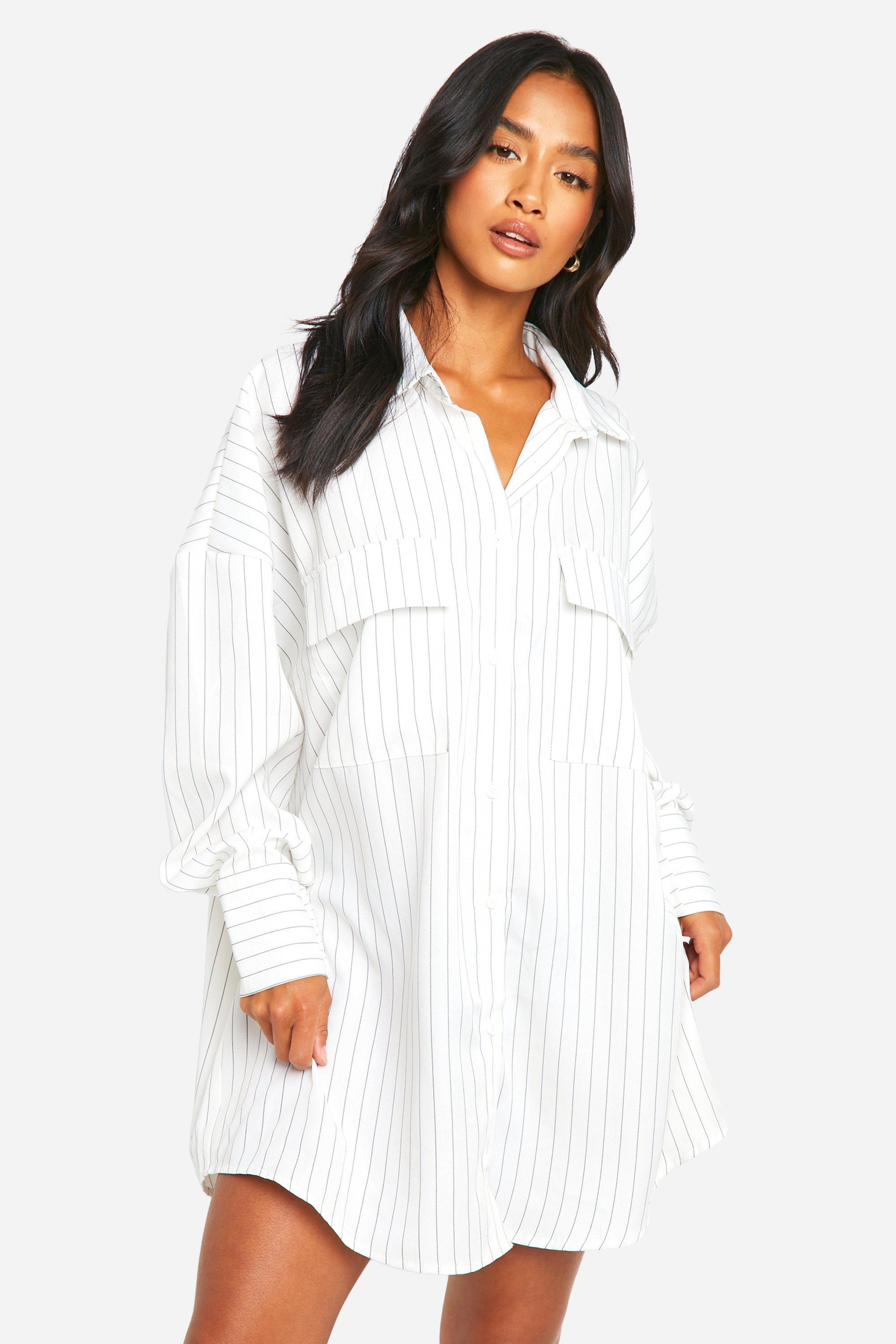 Boohoo Petite Oversized Gestreepte Blouse Jurk, White