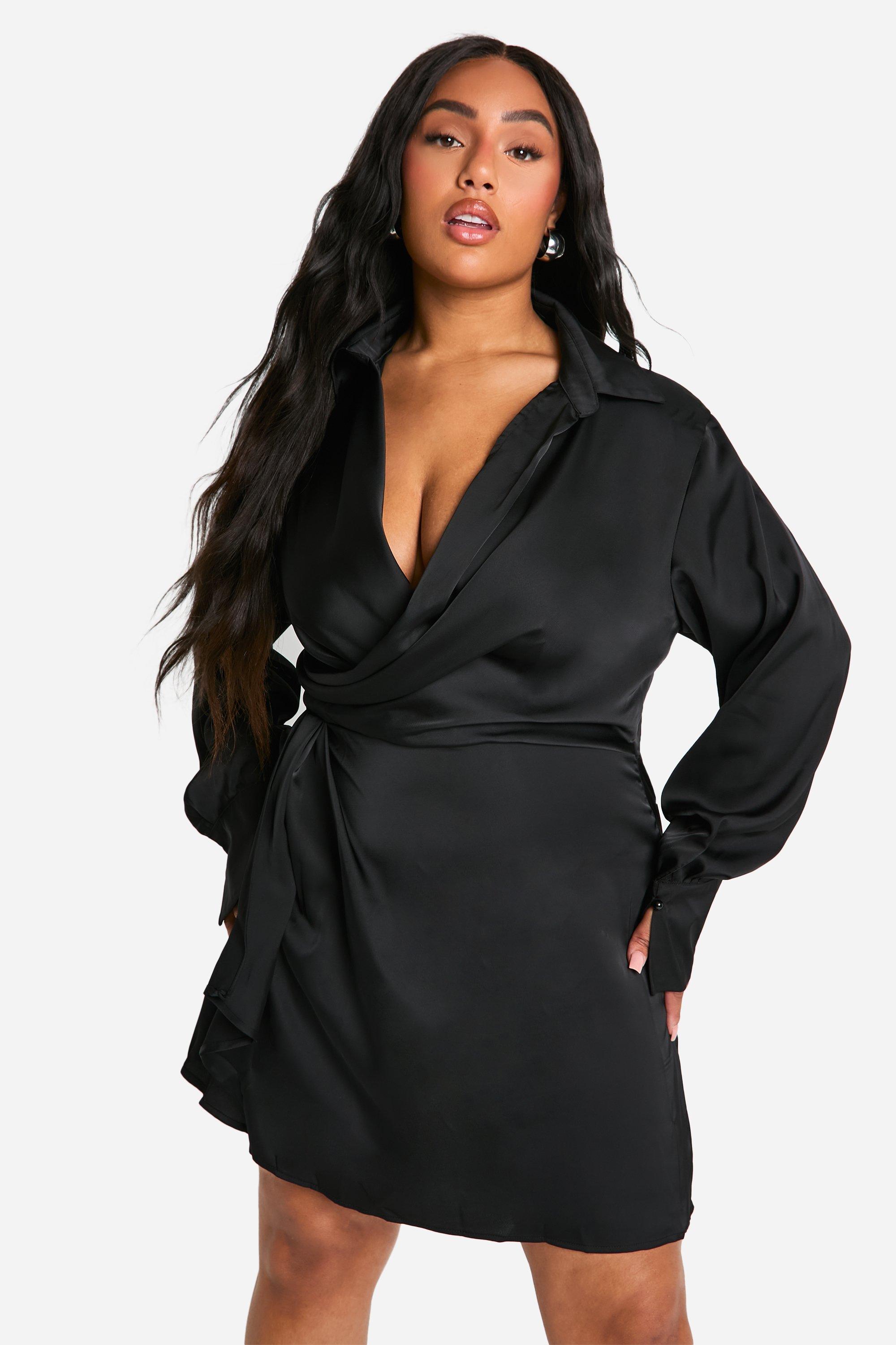 Boohoo Plus Mini Blouse Jurk Met Kraag En Laag Decolleté, Black