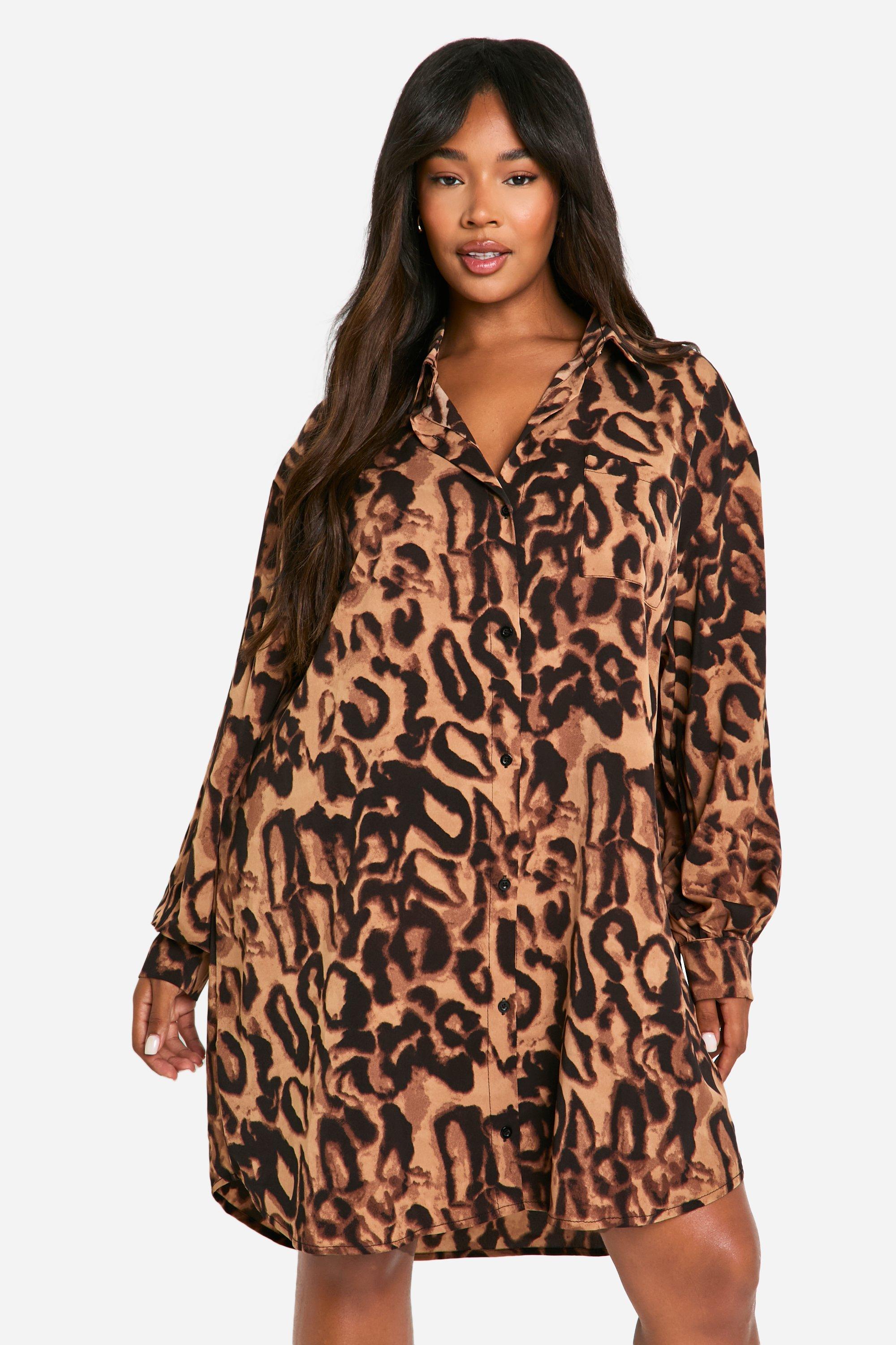 Boohoo Plus Oversized Luipaardprint Blouse Jurk Met Print, Leopard