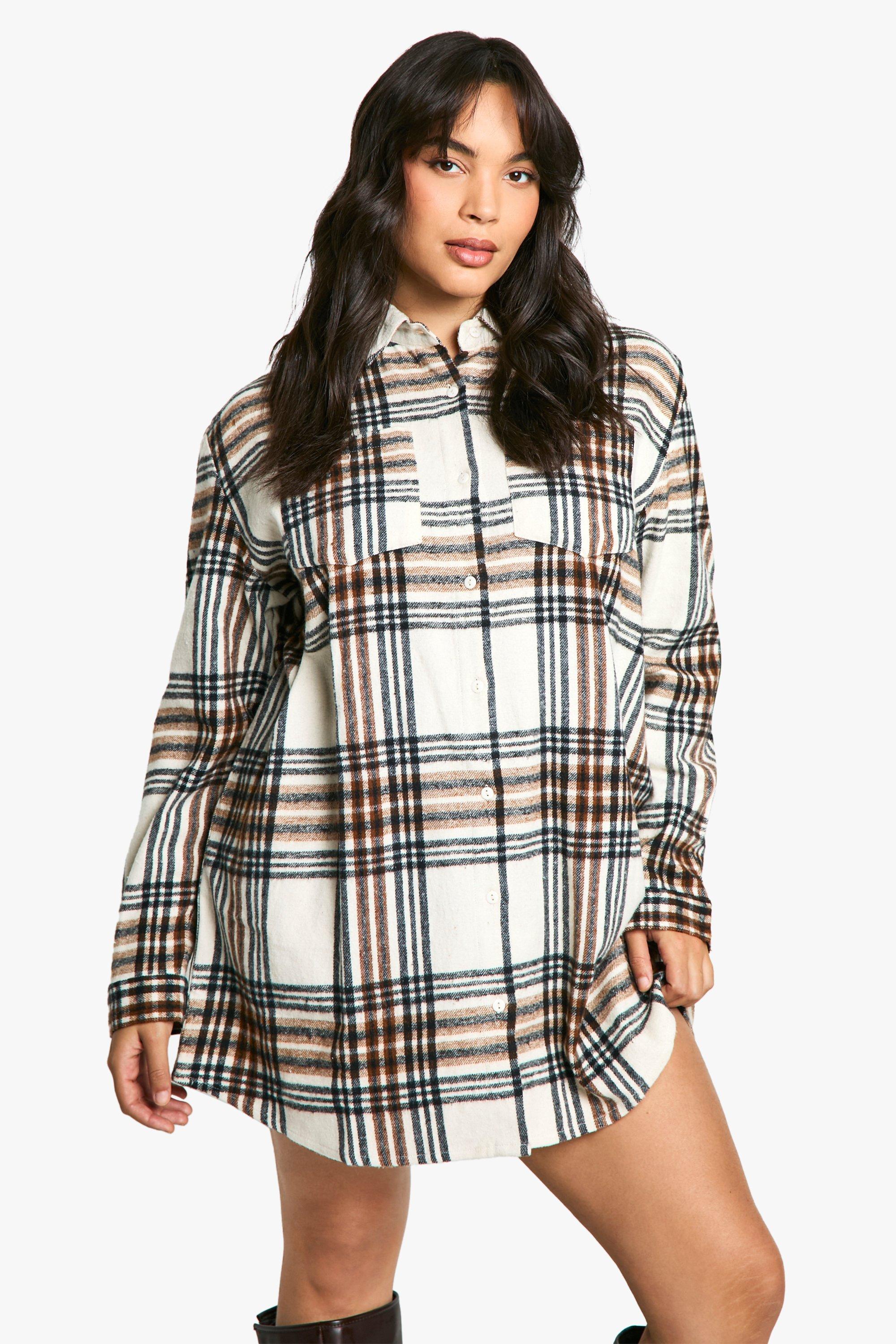 Boohoo Plus Geruite Blouse Jurk, Stone