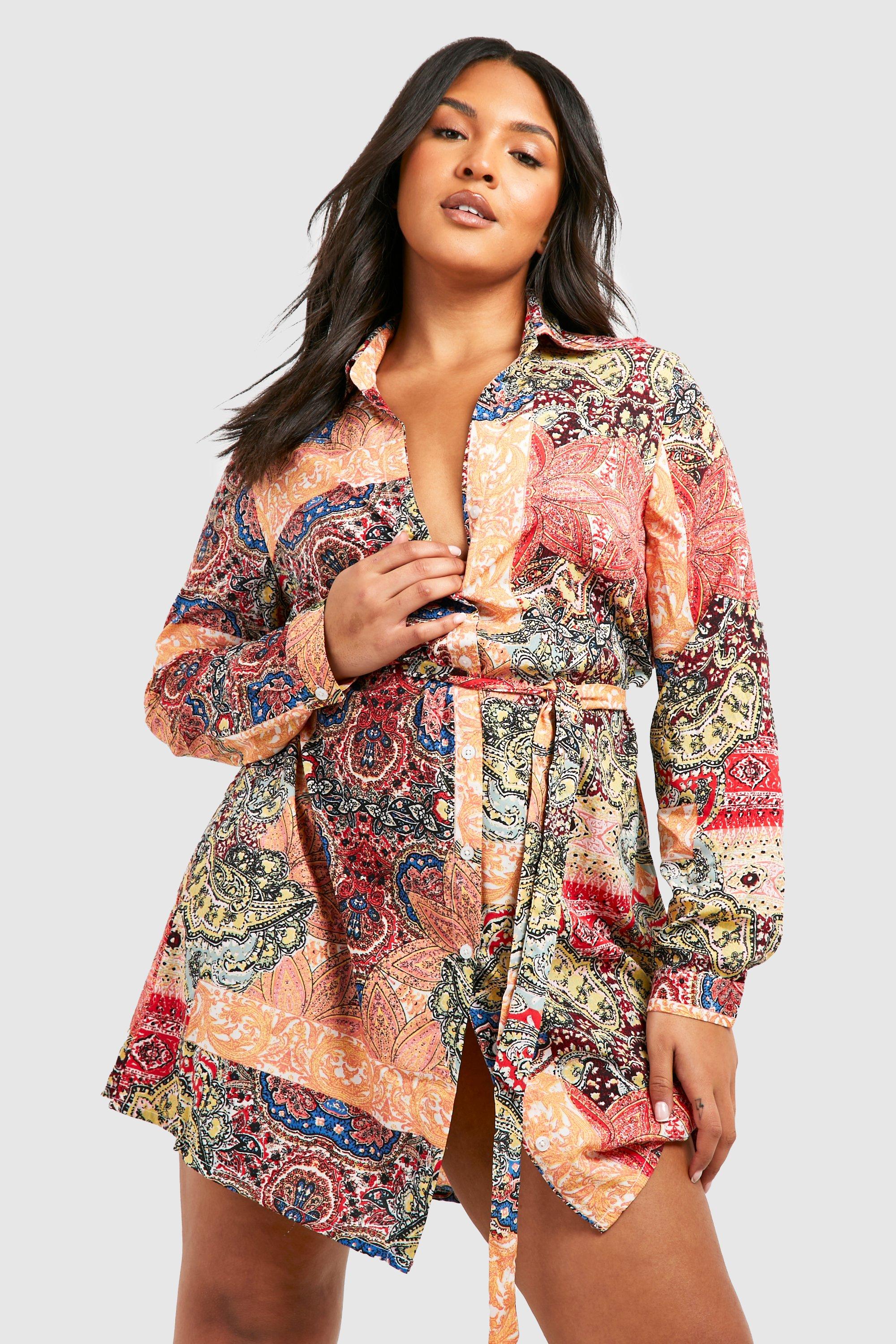 Boohoo Plus Paisley Blouse Jurk Met Lange Mouwen, Orange