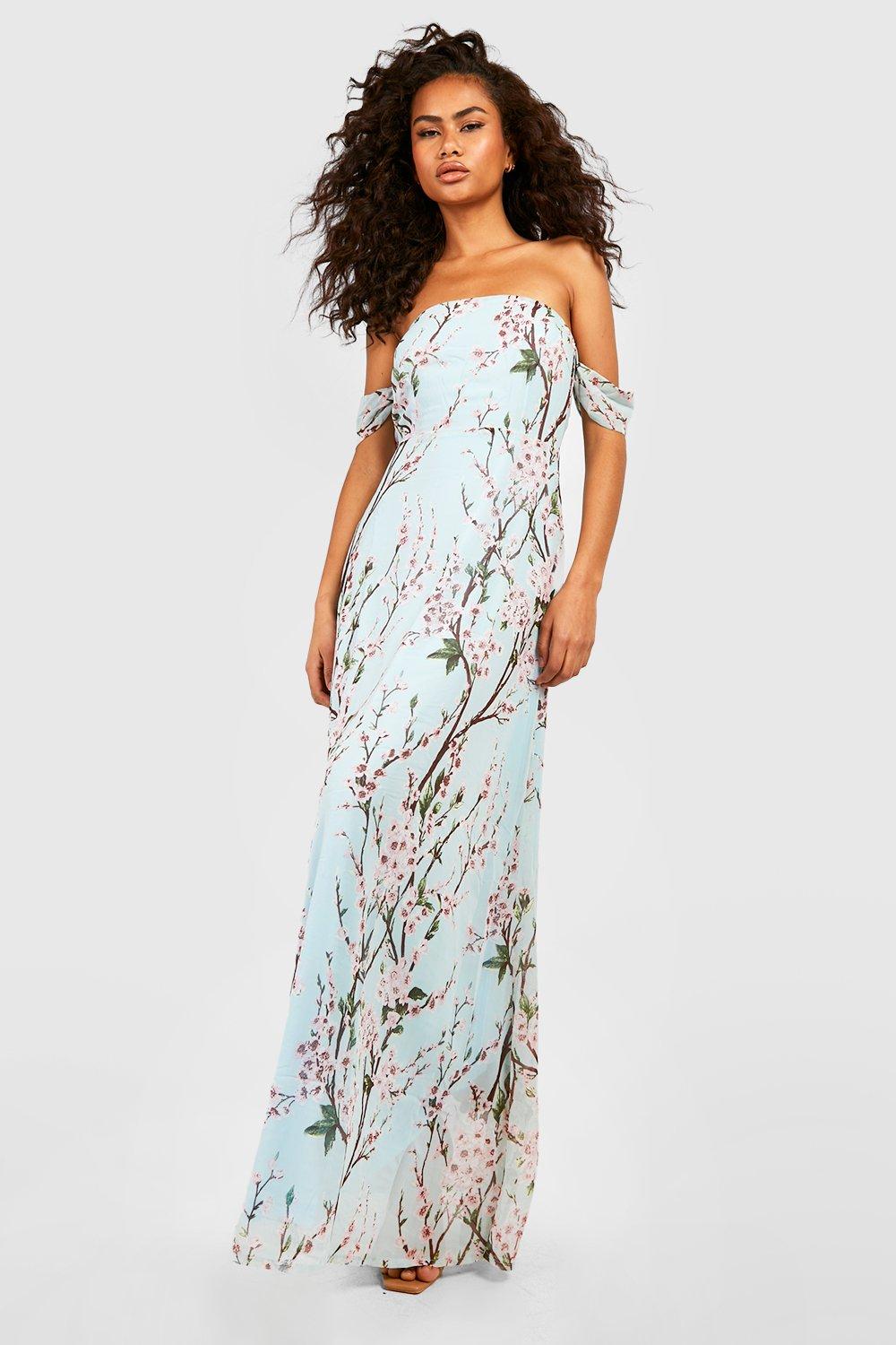 Boohoo Bloemenprint Maxi Jurk Met Open Schouders, Muntgroen