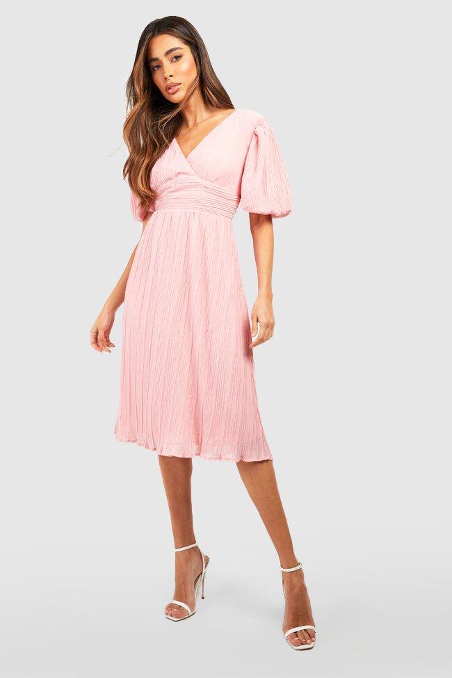 Boohoo Geplooide Midi Jurk Met Pofmouwen En Laag Uitgesneden Rug, Rose