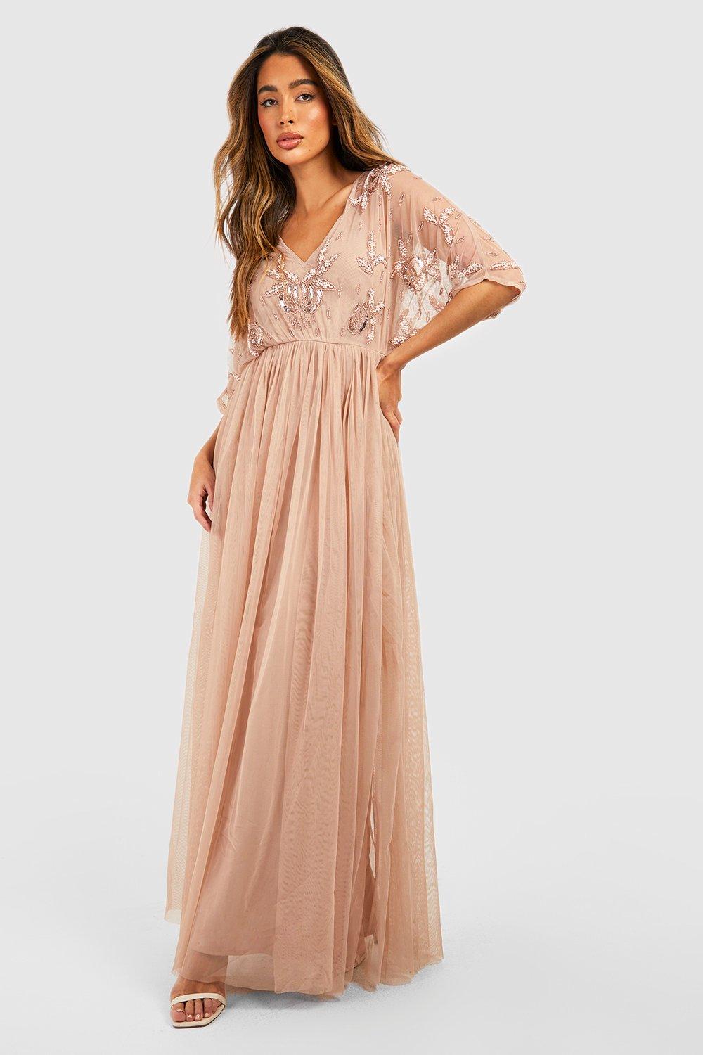 Boohoo Mesh Met De Hand Versierde Bruidsmeisjes Maxi Kimono, Taupe