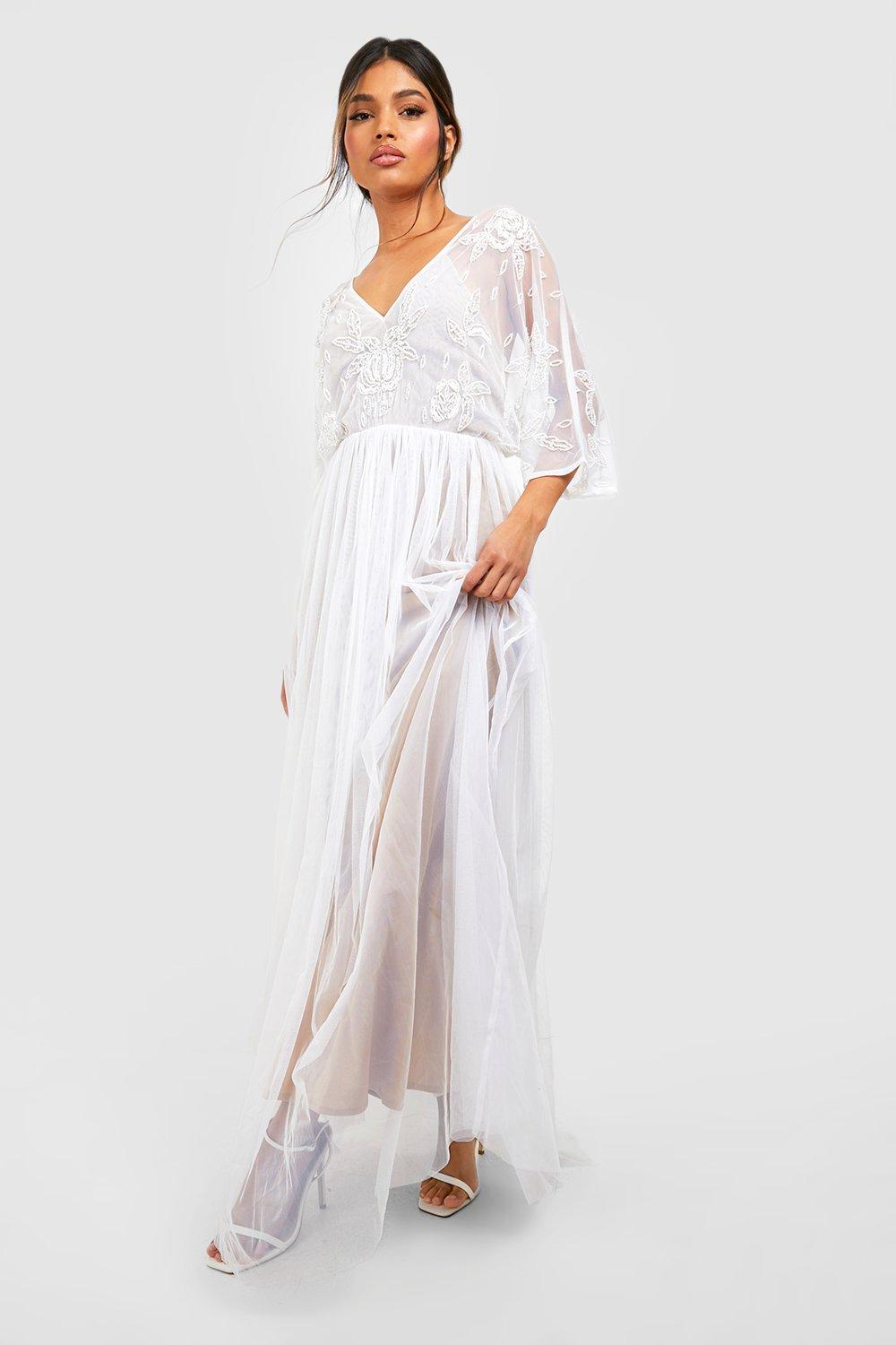 Boohoo Mesh Met De Hand Versierde Bruidsmeisjes Maxi Kimono, Wit