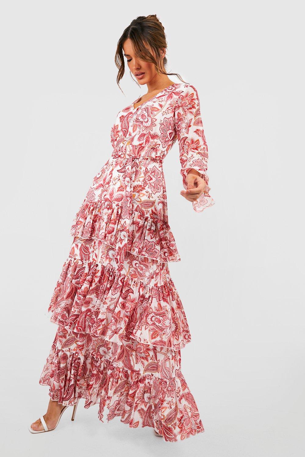 Boohoo Maxi Jurk Met Print En Geplooide Zoom, Red