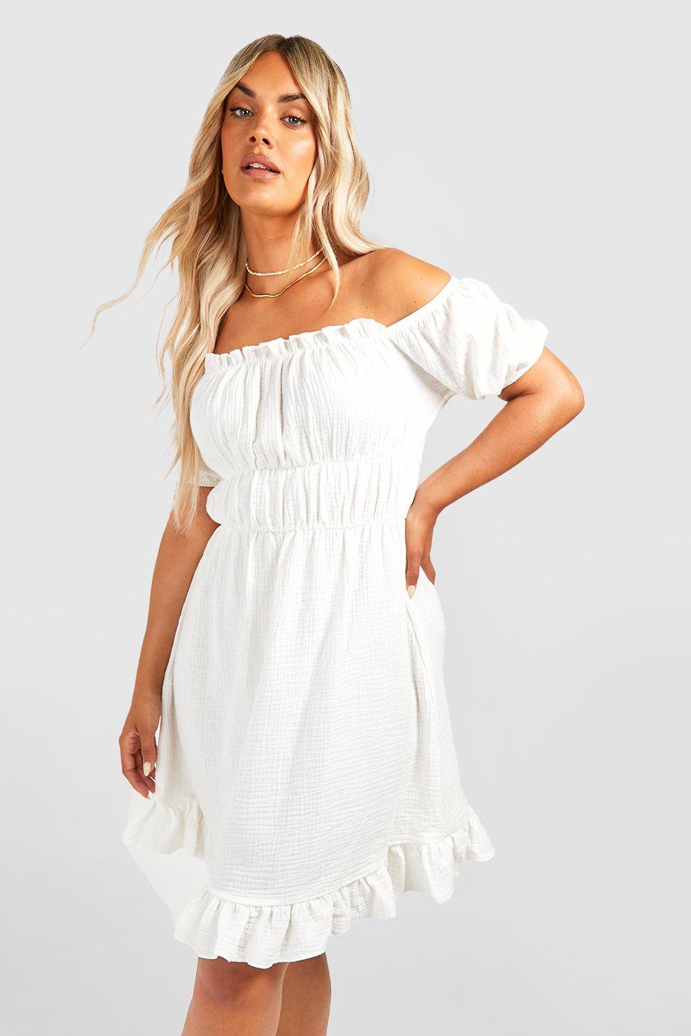 Boohoo Plus Geplooide Off Shoulder Skater Jurk, Ivory