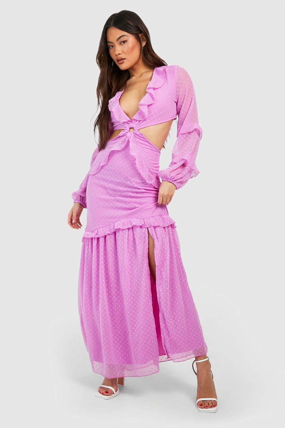 Boohoo Dobby Maxi Jurk Met Ruches En Uitsnijding, Bright Lilac