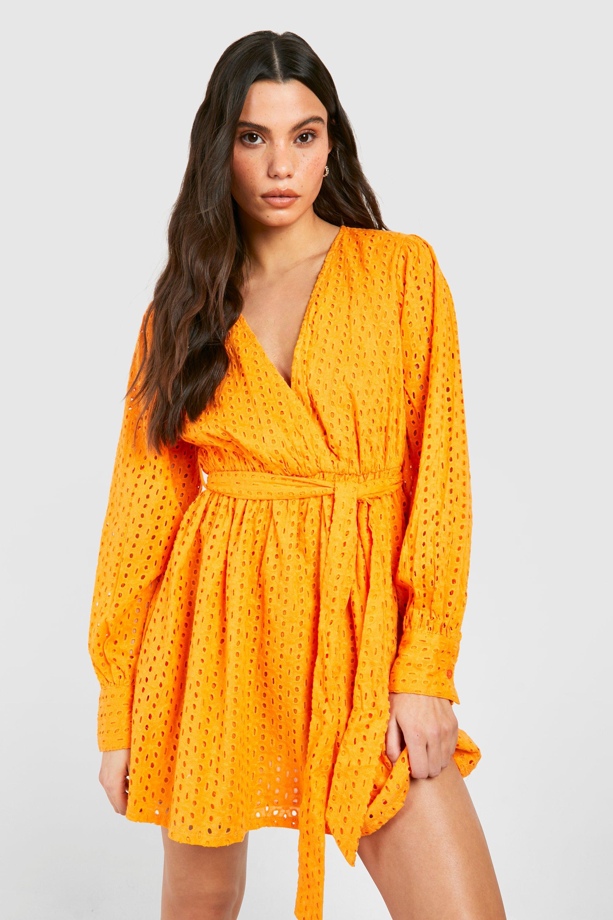 Boohoo Broderie Mini Jurk Met Ceintuur, Orange