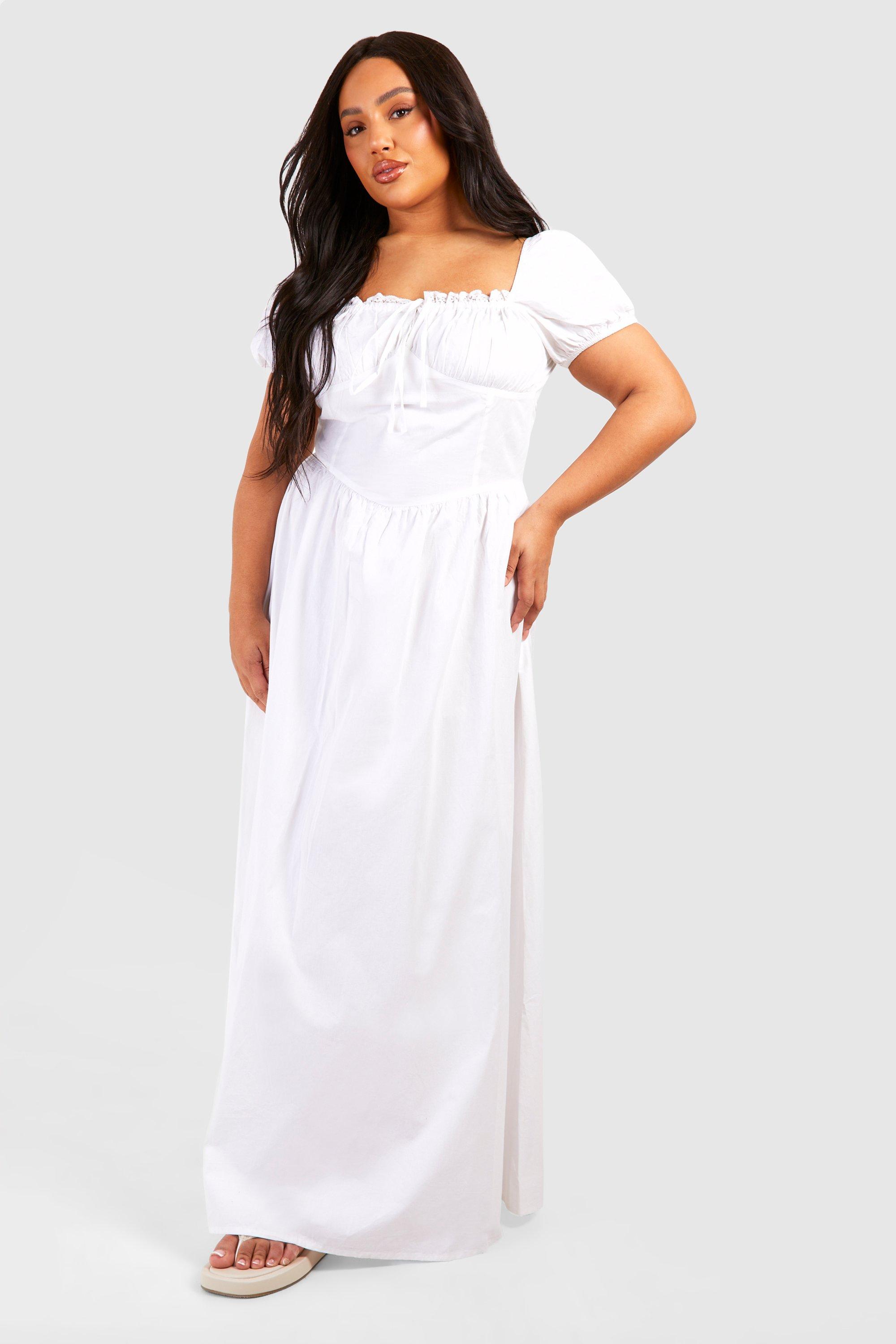 Boohoo Plus Poplin Melkmeisjes Maxi Jurk Met Pofmouwen, White