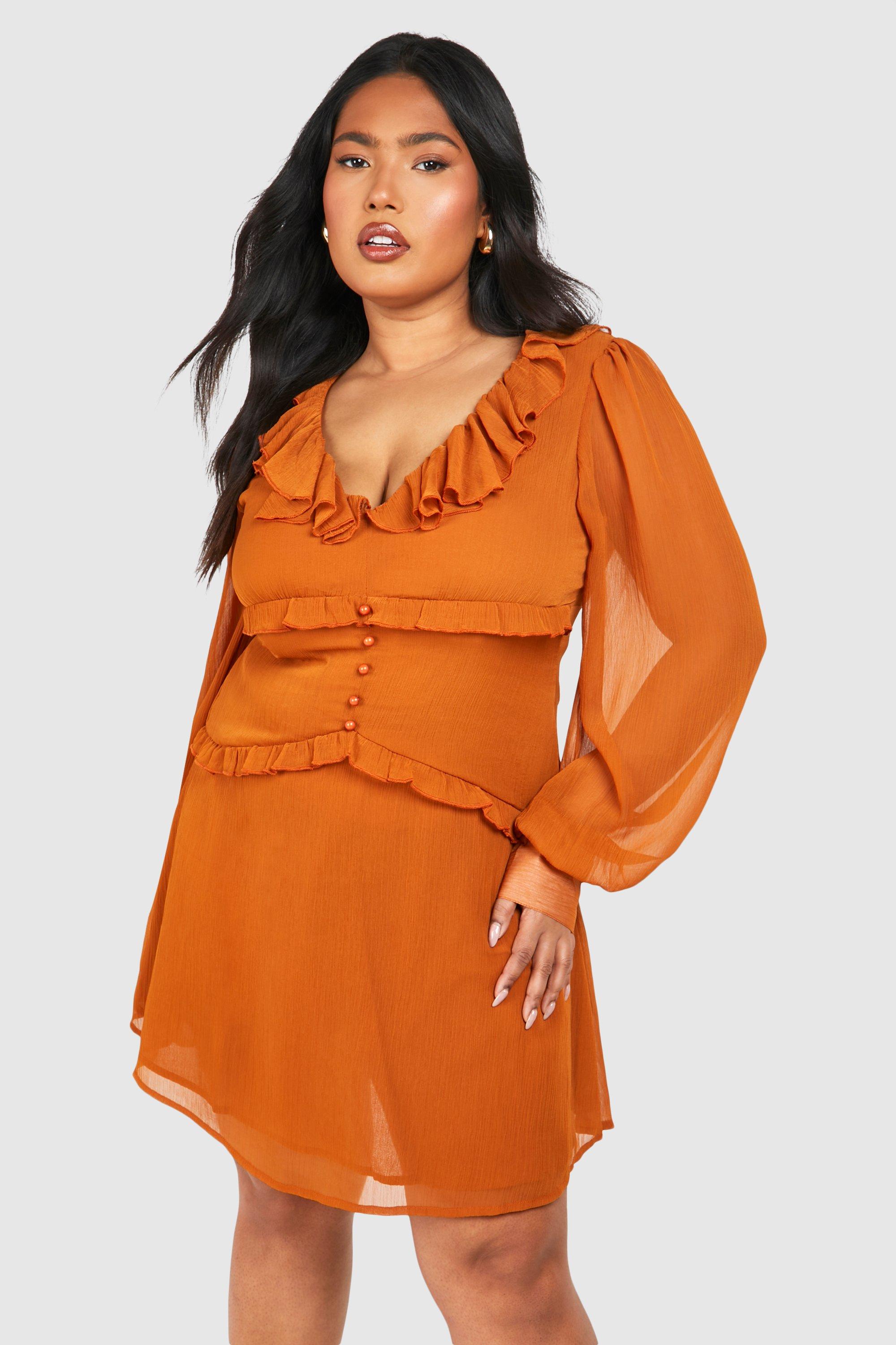 Boohoo Plus Geweven Mini Jurk Met Ruches En Lange Mouwen, Almond