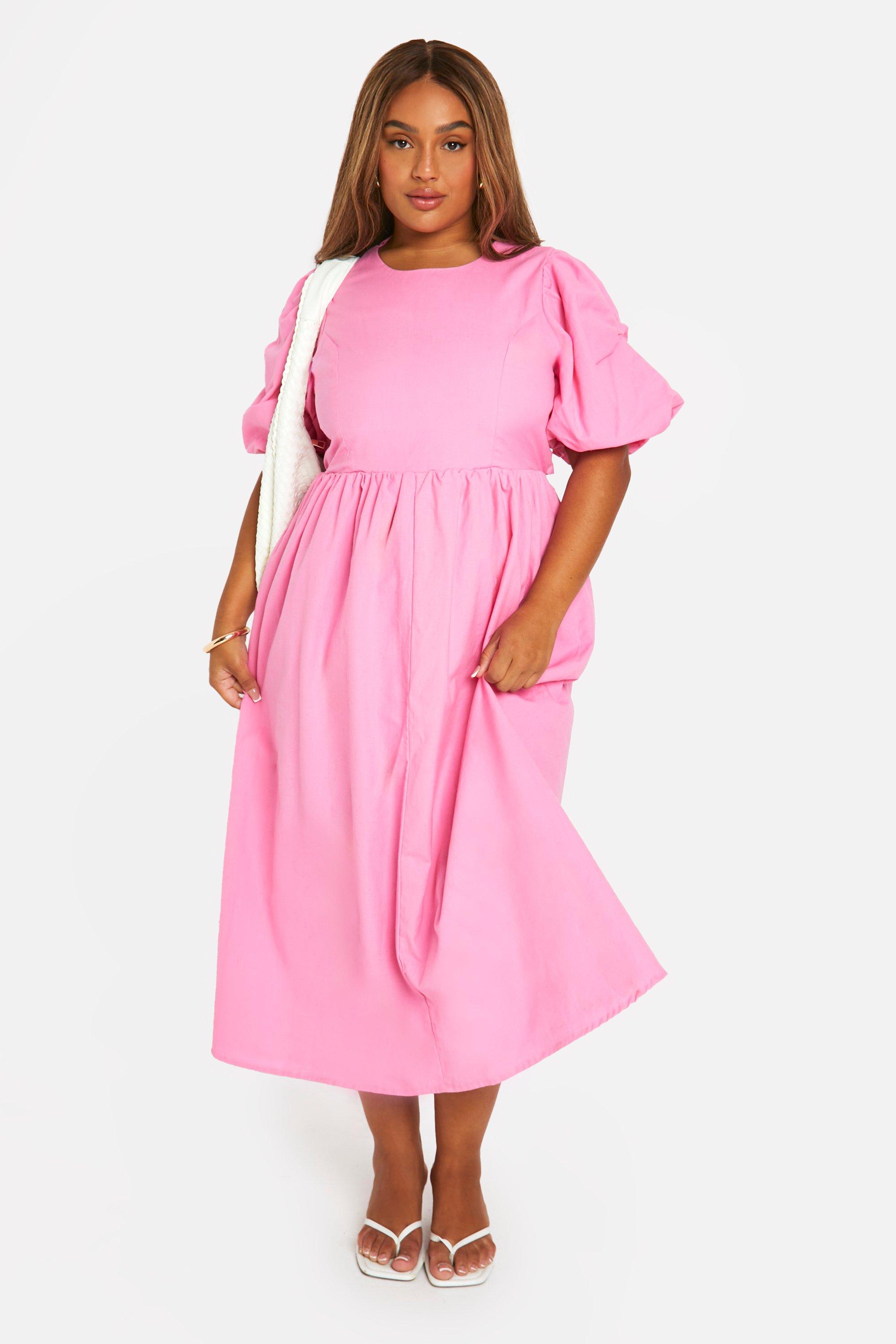 Boohoo Plus Linnen Midi Jurk Met Pofmouwen, Pink