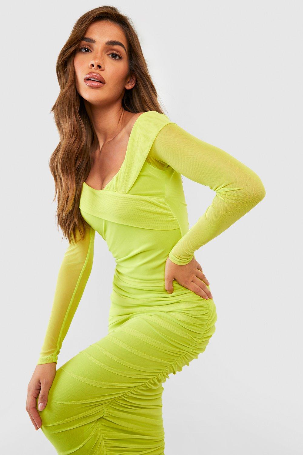 Boohoo Mesh Bodycon Midi Jurk Met Ruches En Laag Uitgesneden Schouders, Chartreuse