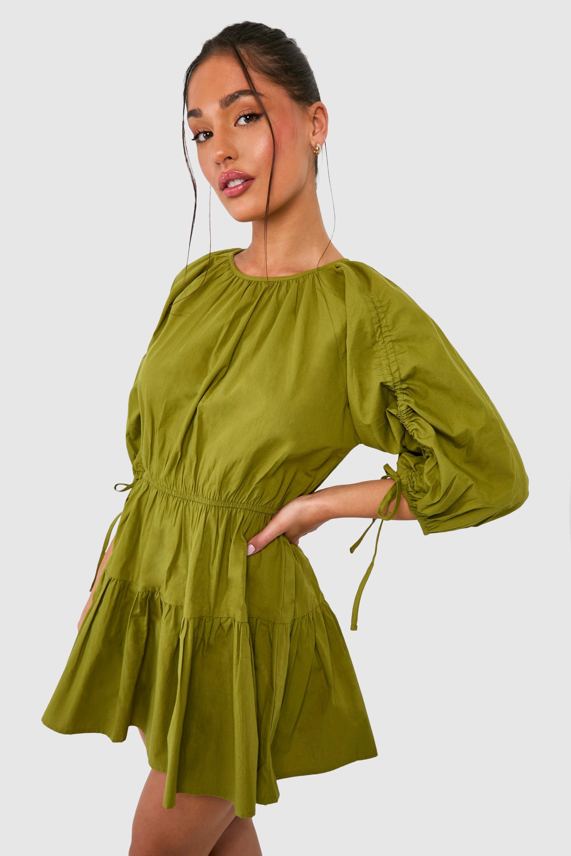 Boohoo Petite Poplin Mini Jurk Met Pofmouwen, Khaki