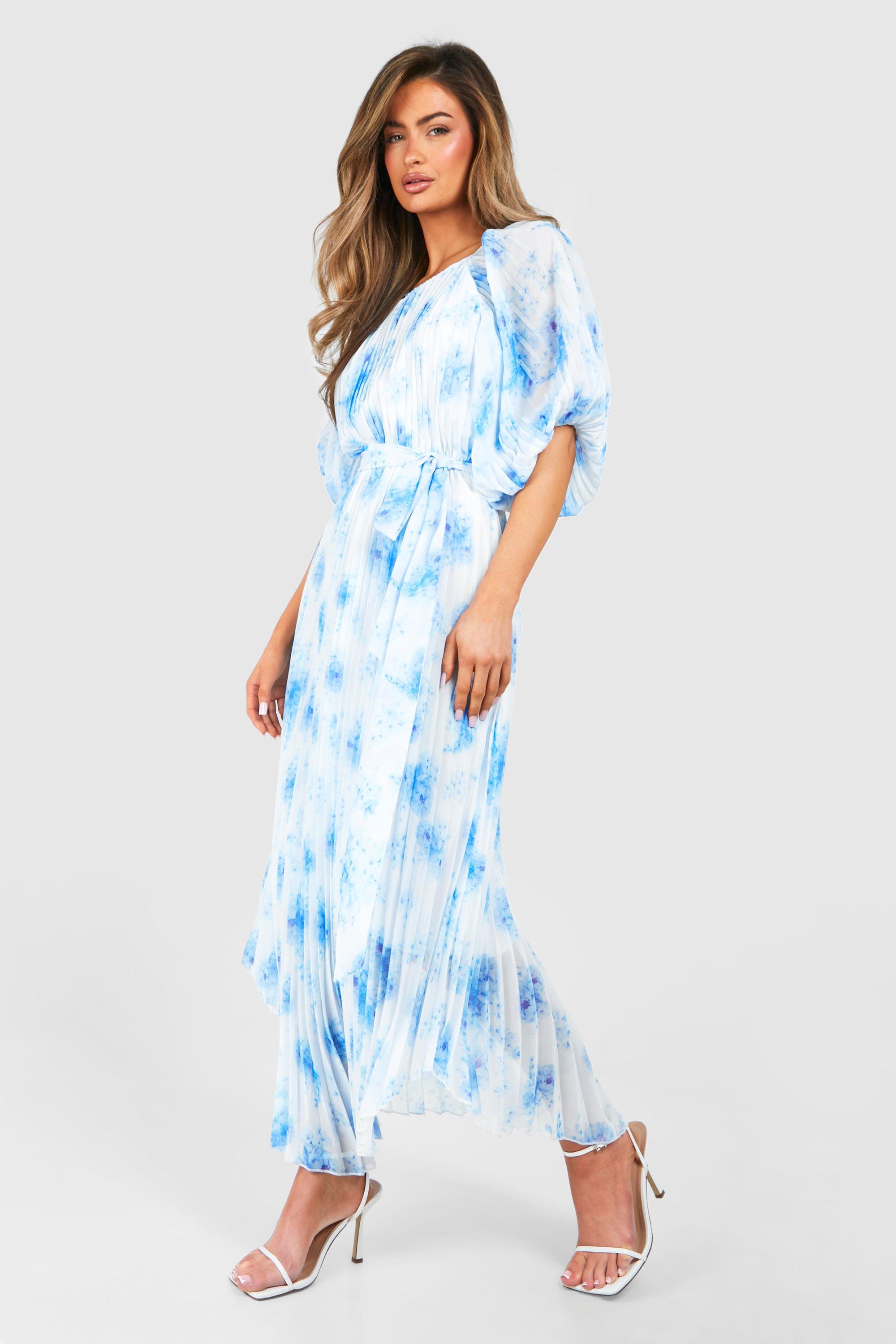 Boohoo Geplooide Bloemen Midi Jurk Met Pofmouwen, Blue