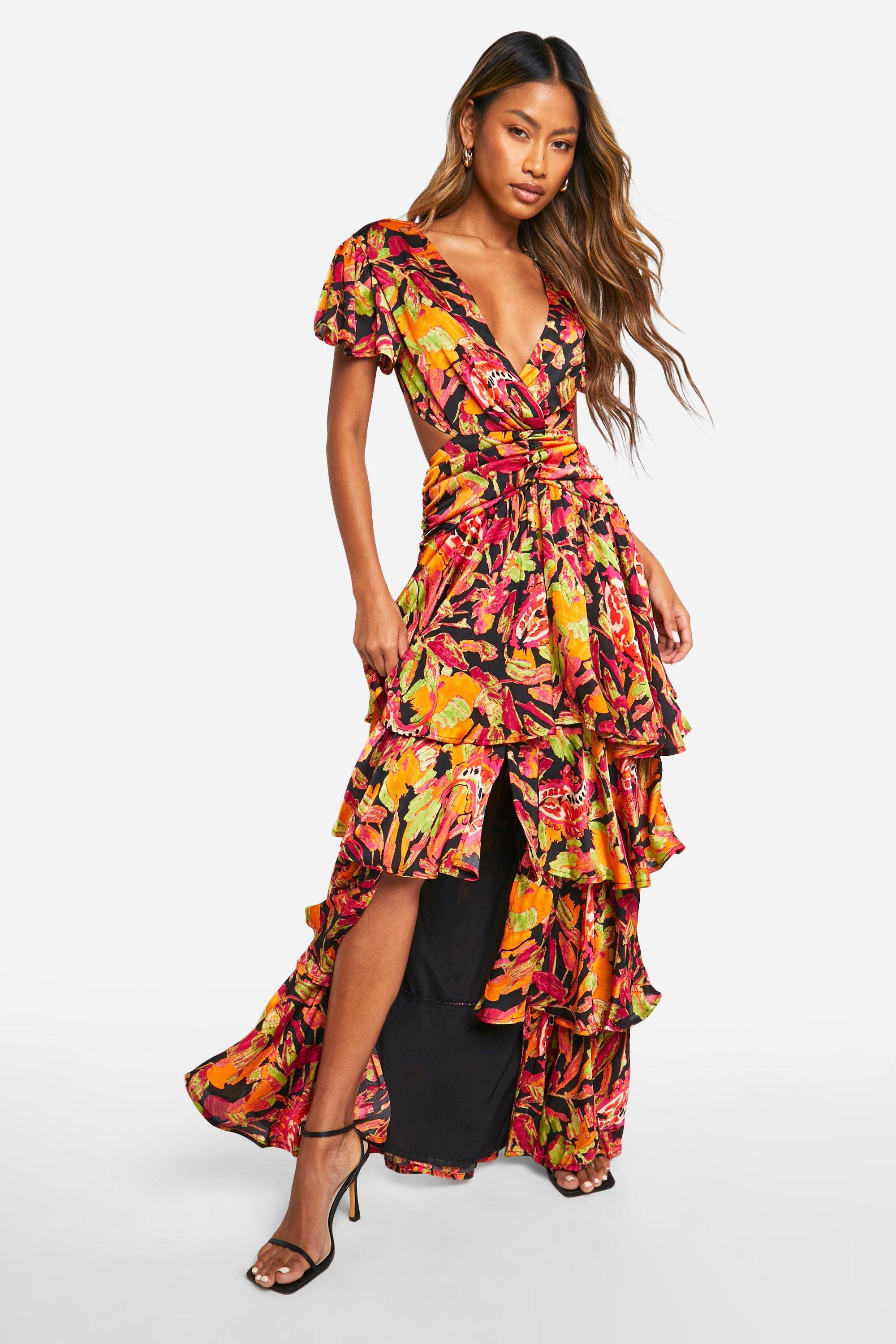 Boohoo Maxi Jurk Met Print, Ruches, Laagjes En Uitsnijding, Black