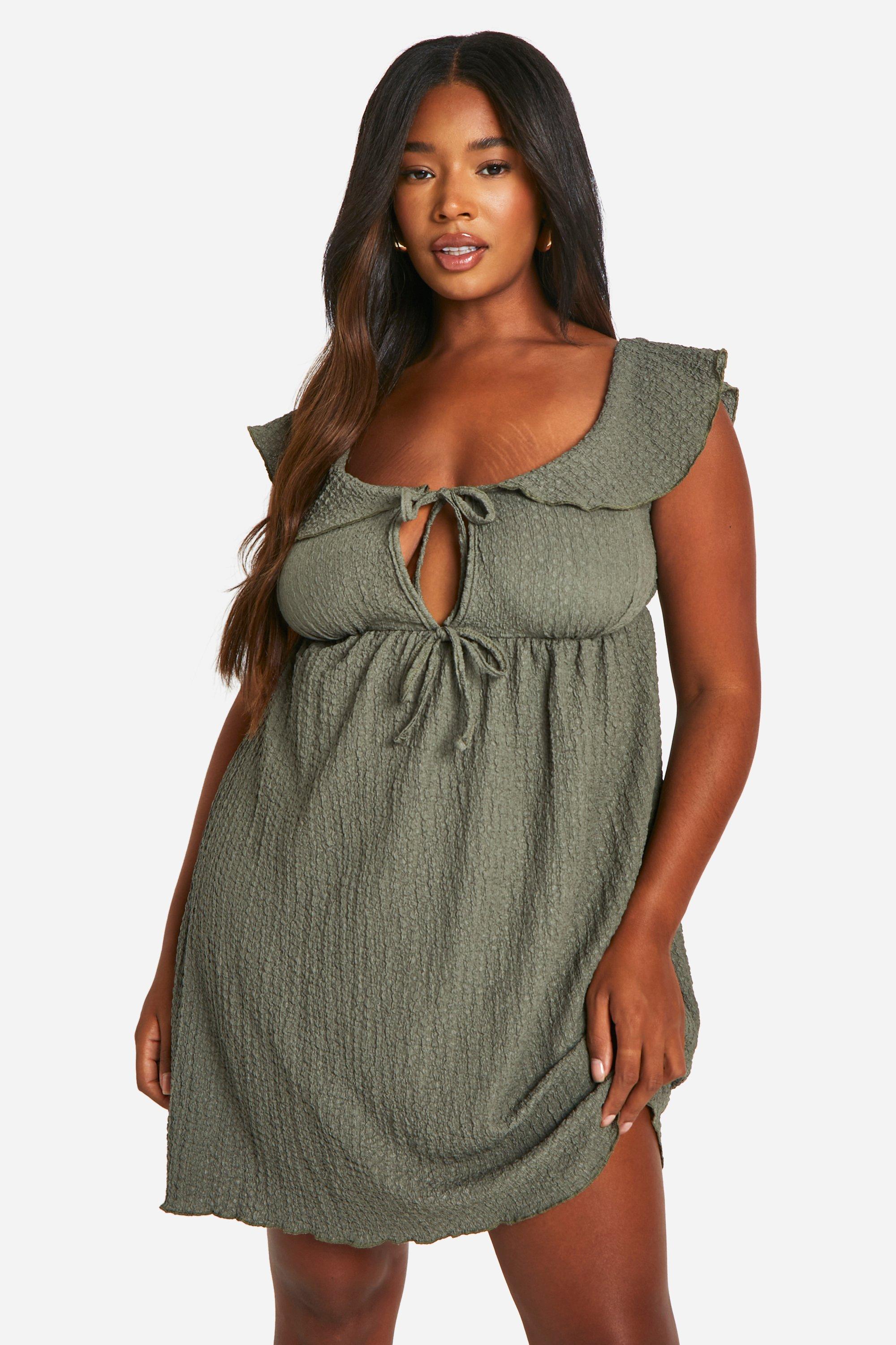 Boohoo Plus Textured Off Shoulder Skater Dress, Olive