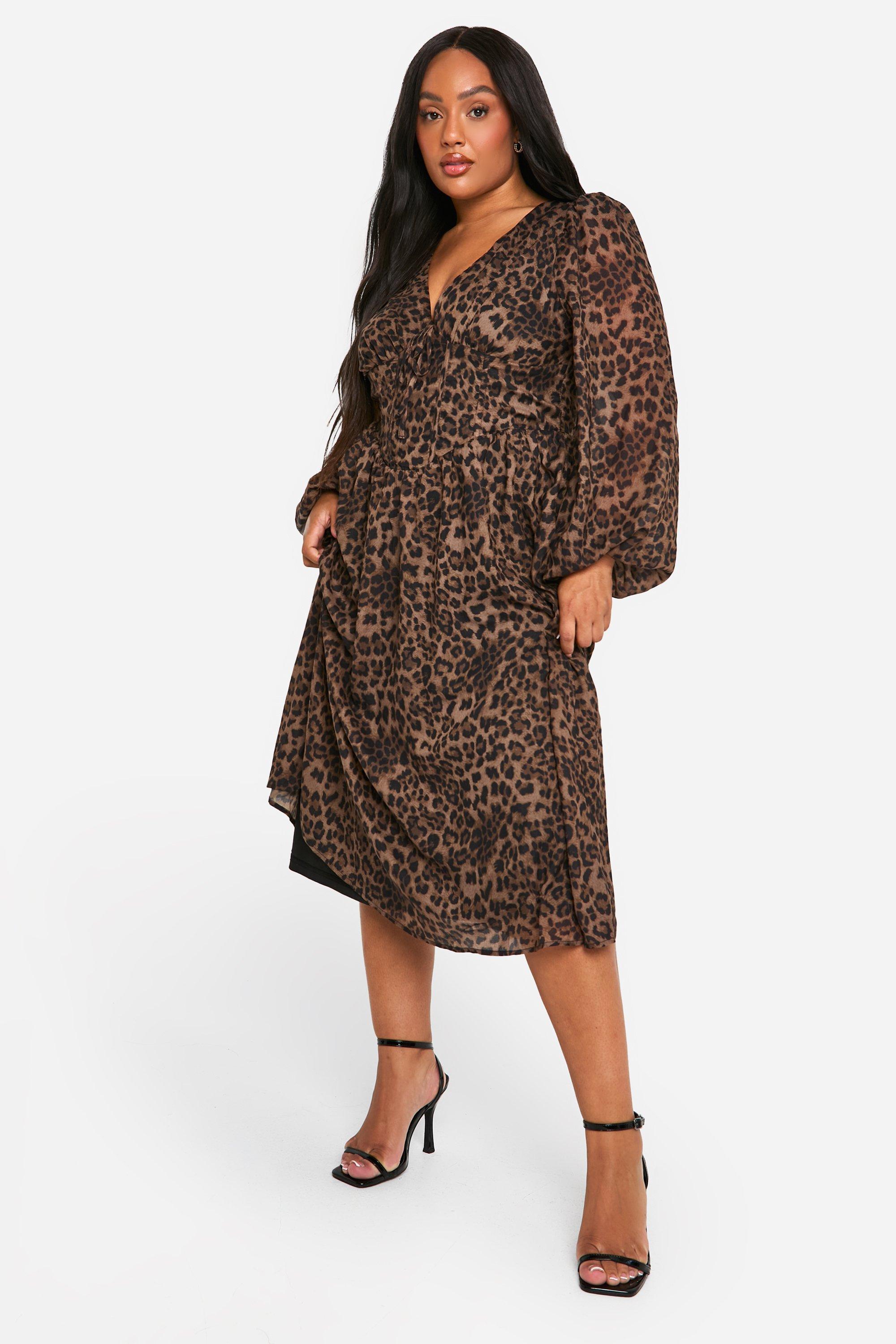 Boohoo Plus Geweven Luipaardprint Melkmeisjes Midi Skater Jurk, Leopard