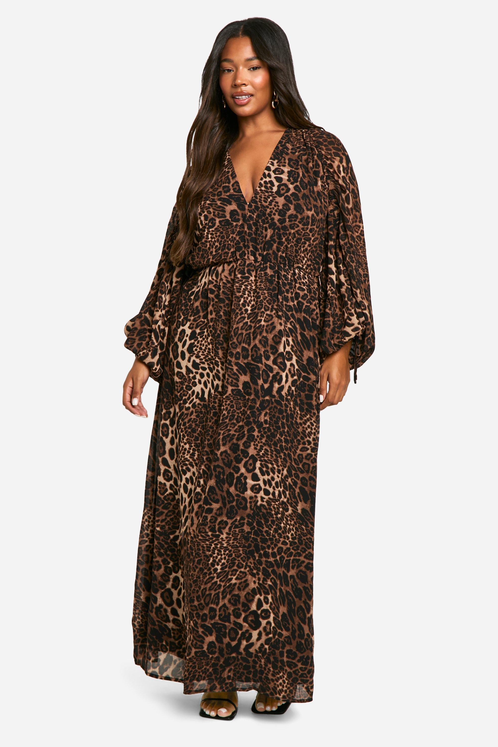 Boohoo Plus Geplooide Luipaardprint Maxi Jurk Met Blouse Mouwen, Leopard