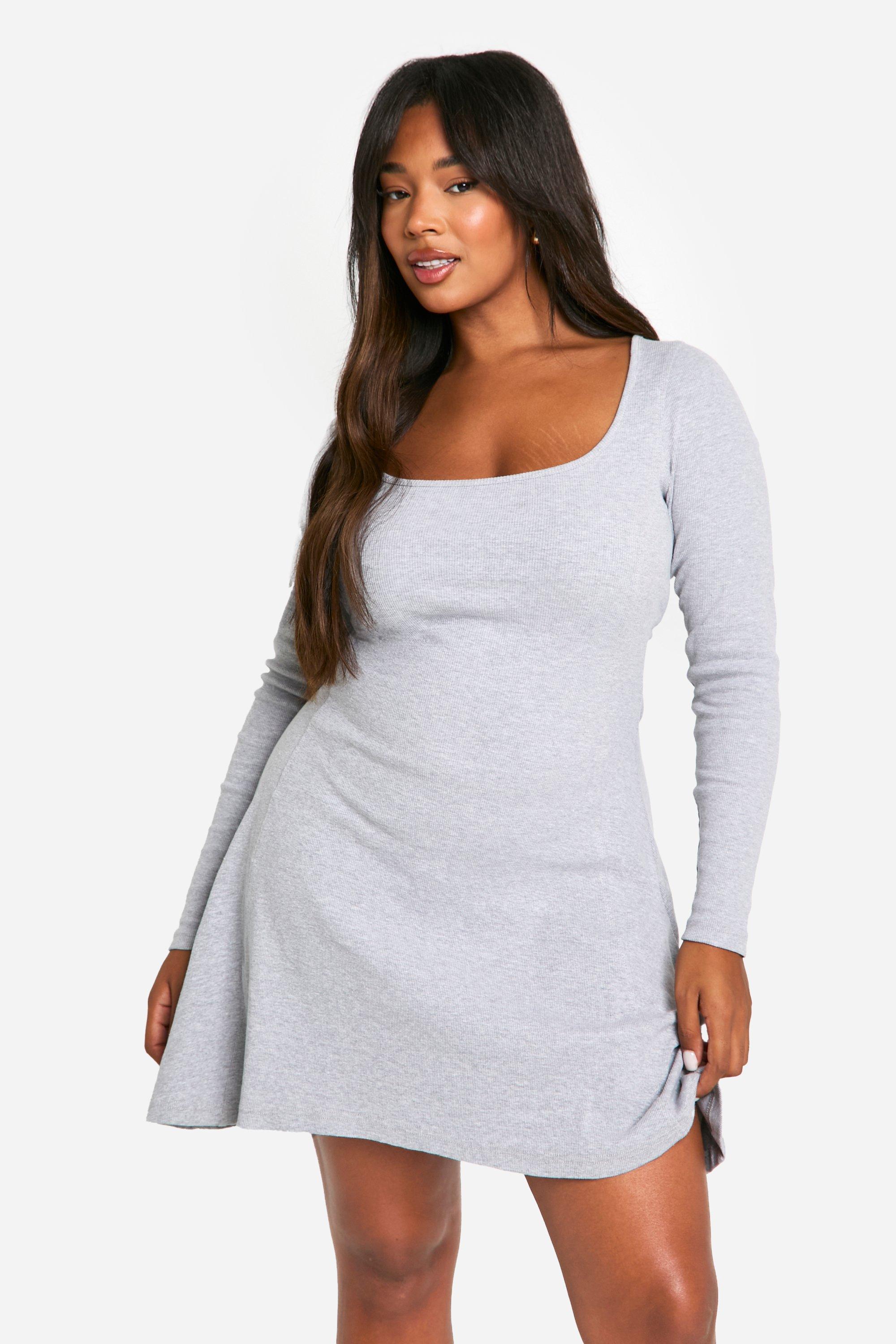 Boohoo Plus Basic Geribbelde Skater Jurk Met Lange Mouwen, Grey