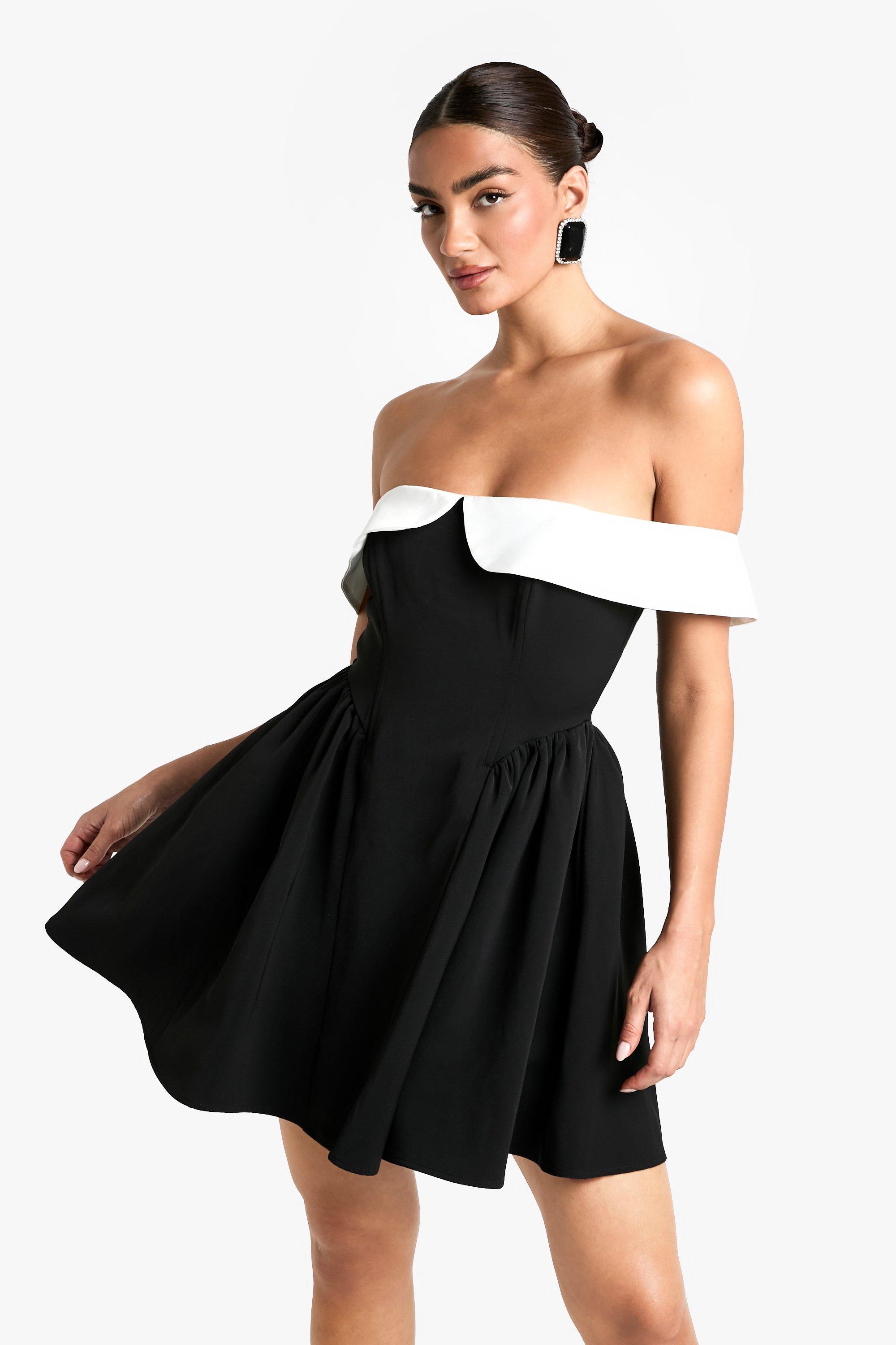 Boohoo Contrasterende Off Shoulder Skater Jurk Met Structuur, Black