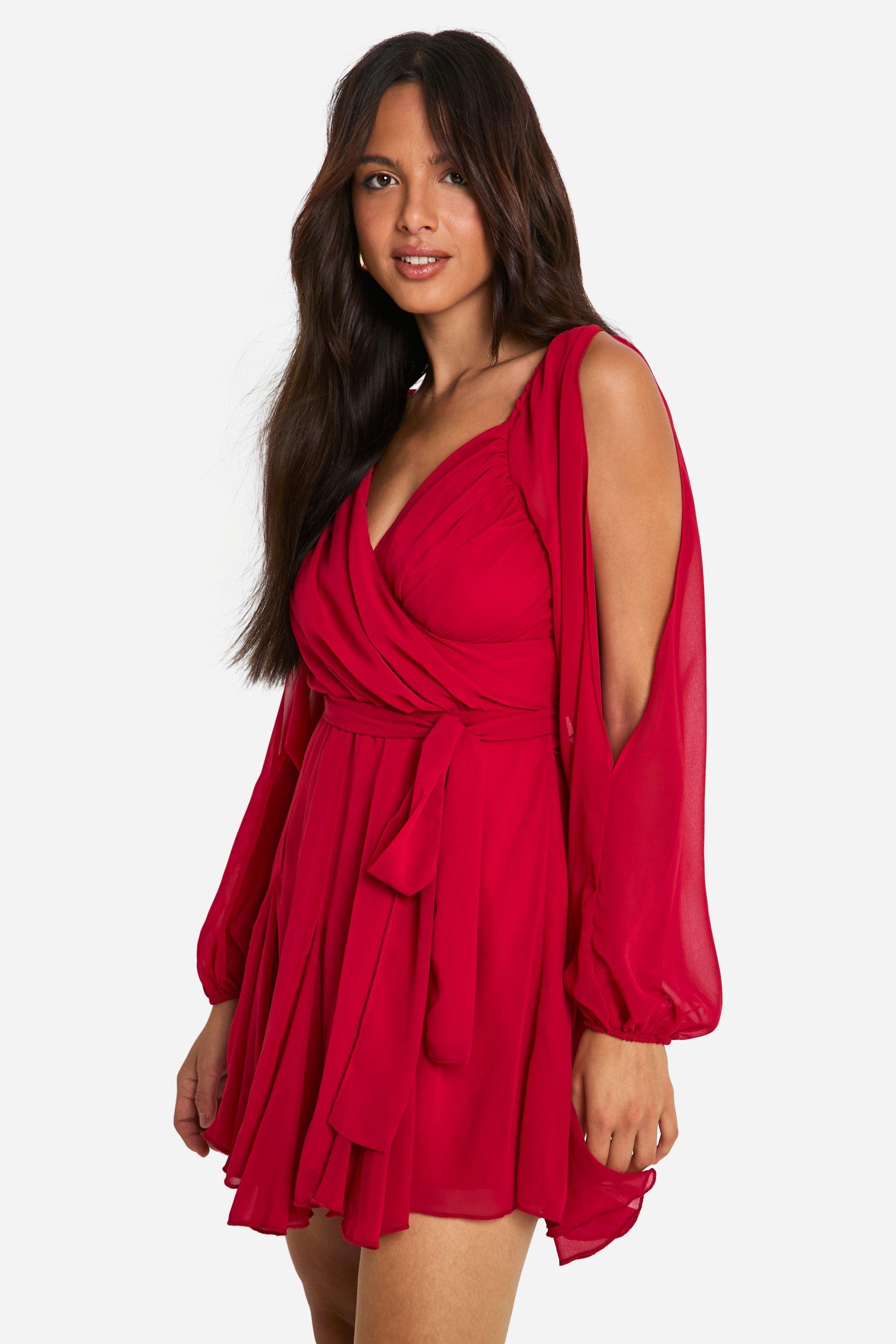 Boohoo Chiffon Wikkel Skater Jurk Met Kanten Rug En Pofmouwen, Red