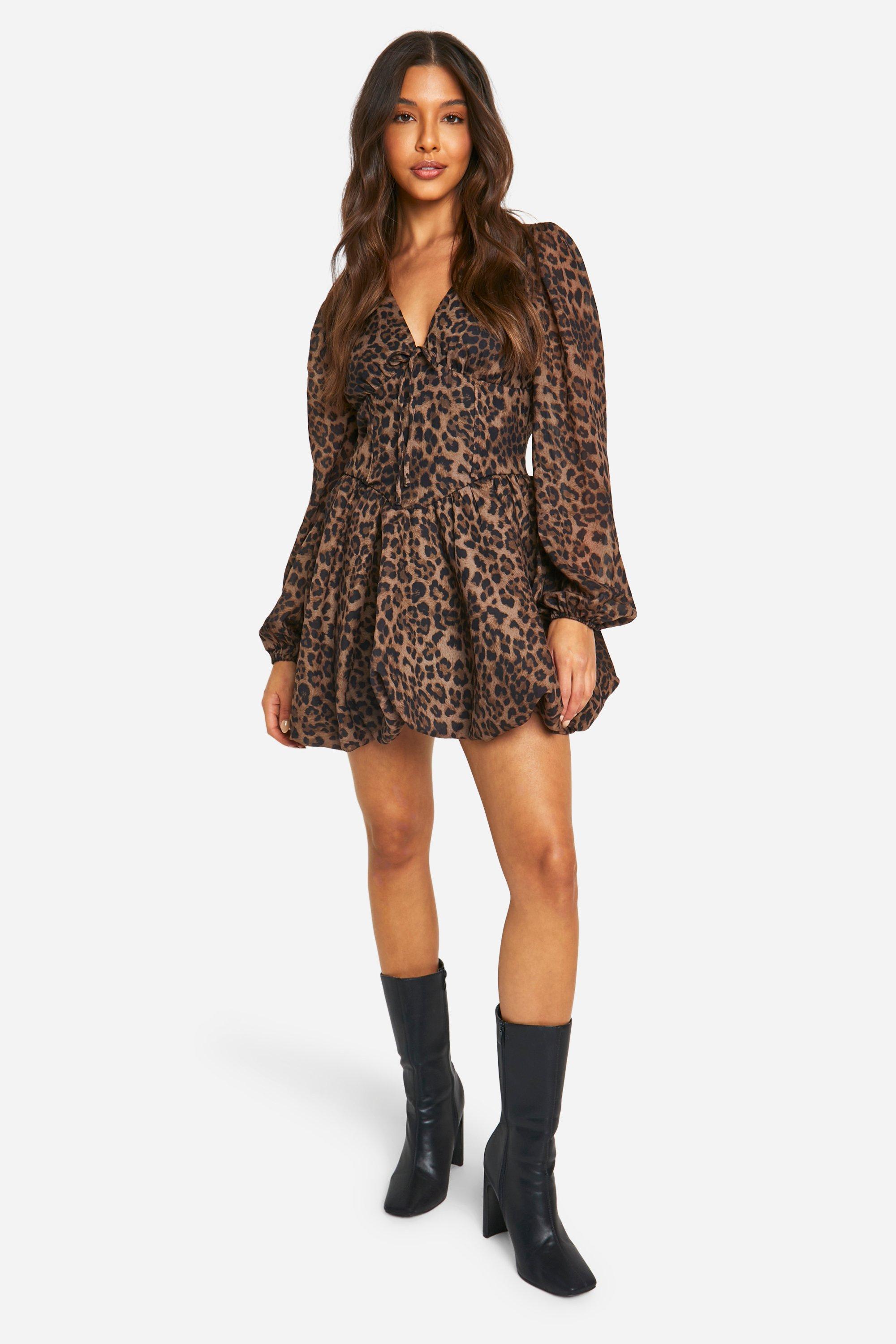 Boohoo Chiffon Luipaardprint Skater Jurk Met Pofmouwen, Leopard