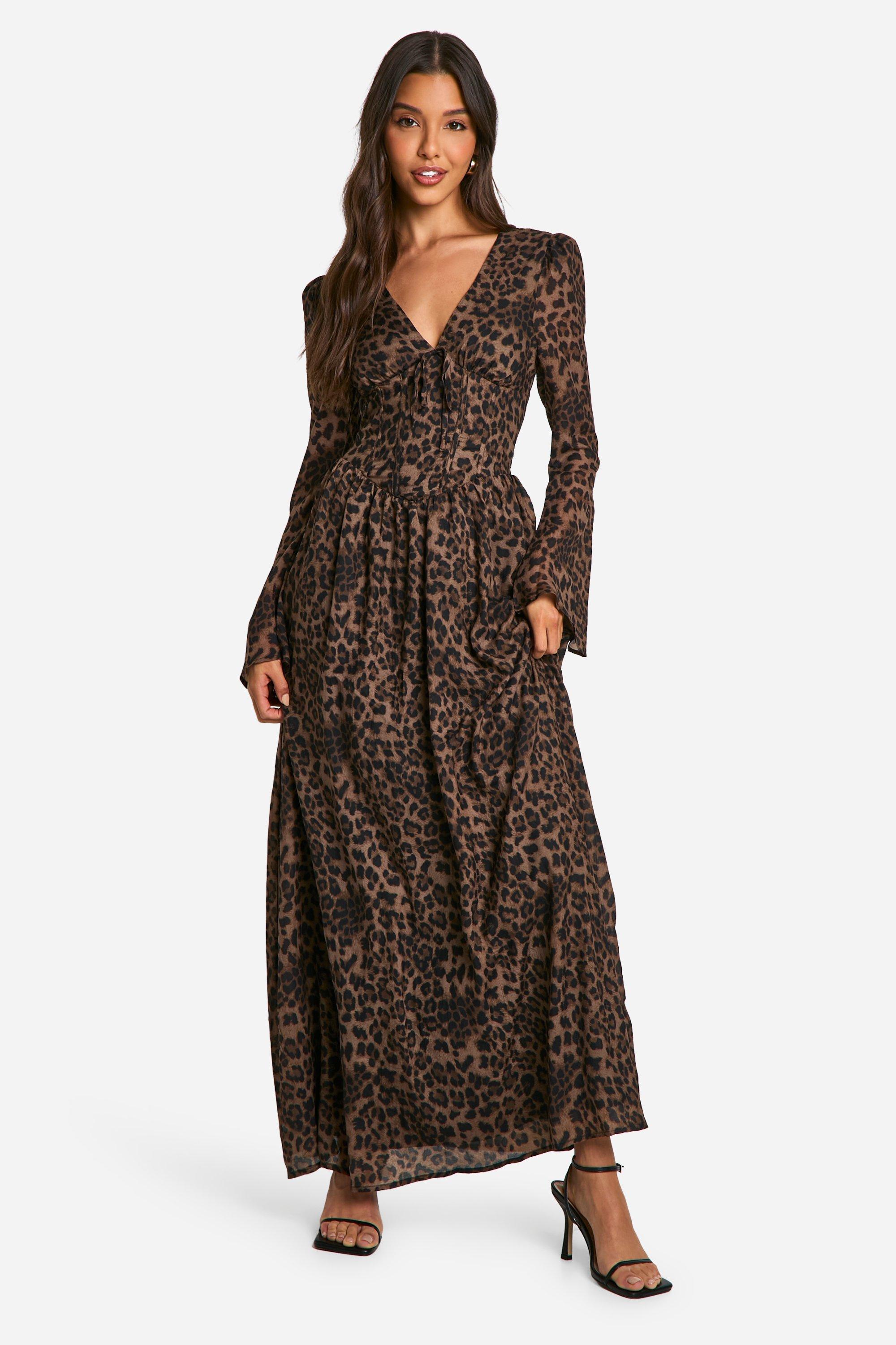 Boohoo Chiffon Luipaardprint Maxi Jurk Met Pofmouwen, Leopard