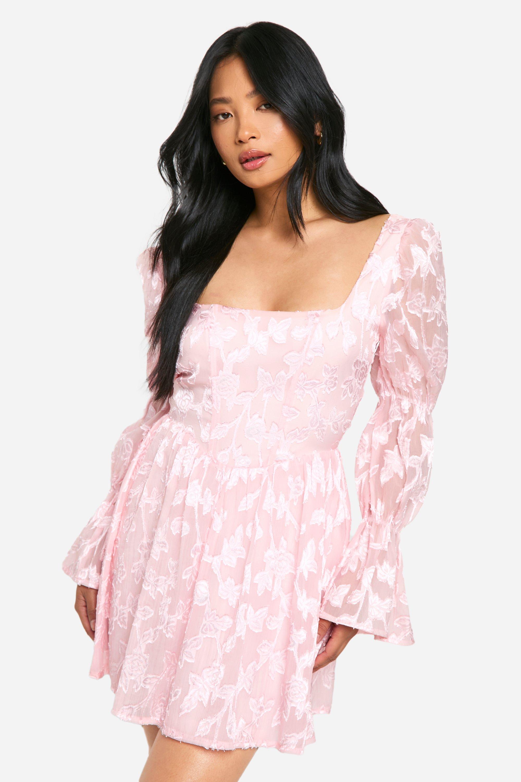 Boohoo Petite Burnout Skater Jurk Met Volle Mouwen, Blush