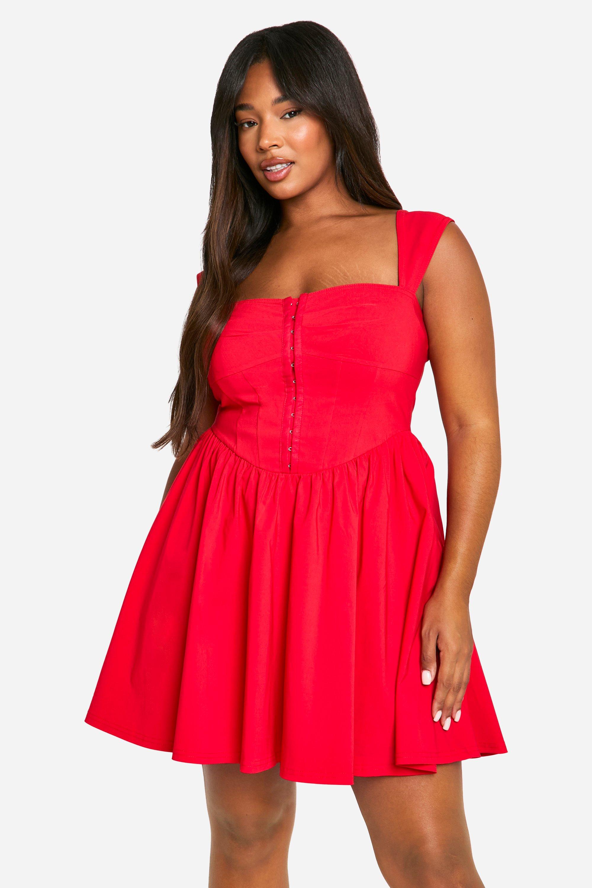 Boohoo Plus Geweven Stretch Mini Jurk Met Korset Detail, Korte Mouwen, Red