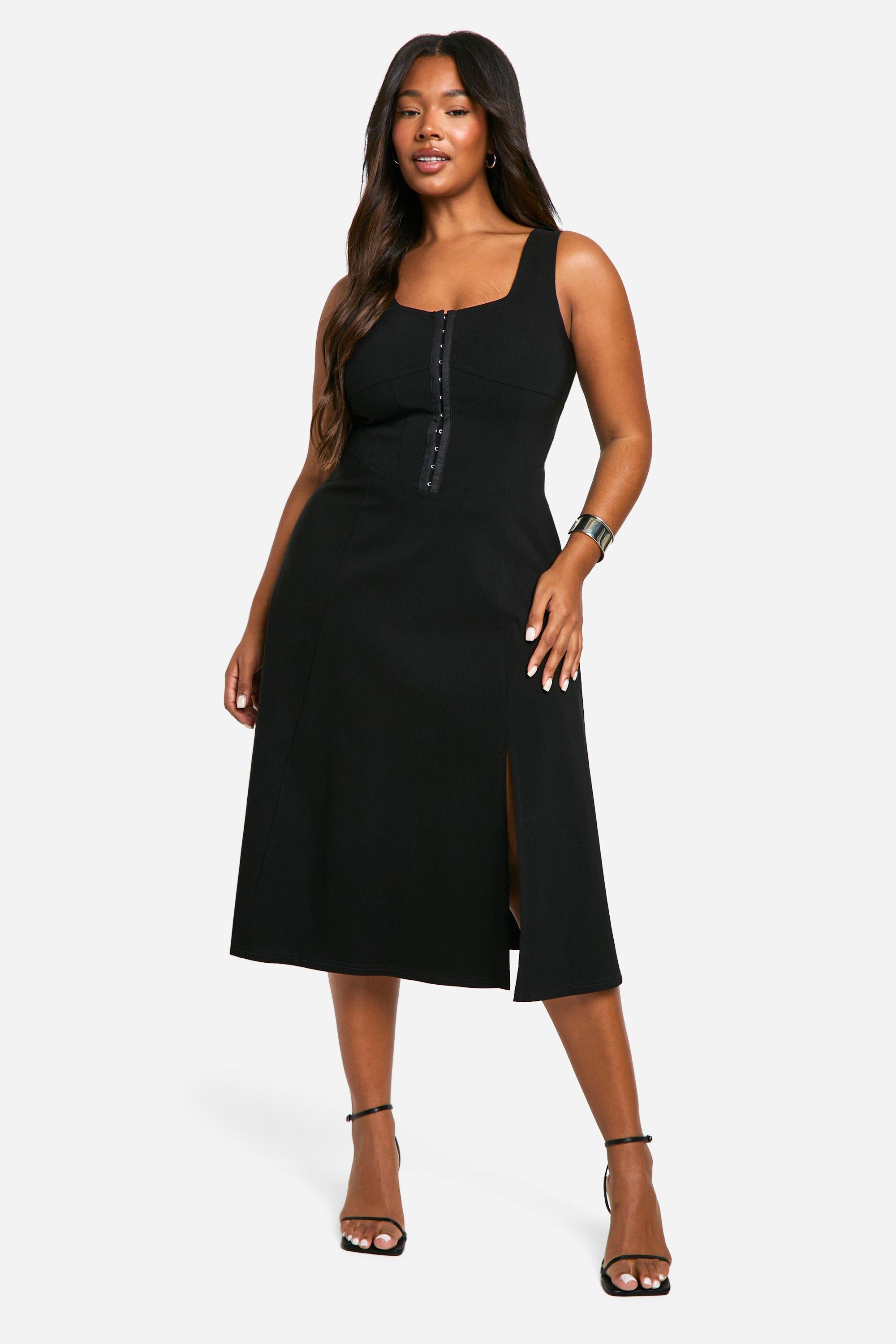 Boohoo Plus Zwierige Geweven Stretch Midi Jurk Met Korset Detail, Black