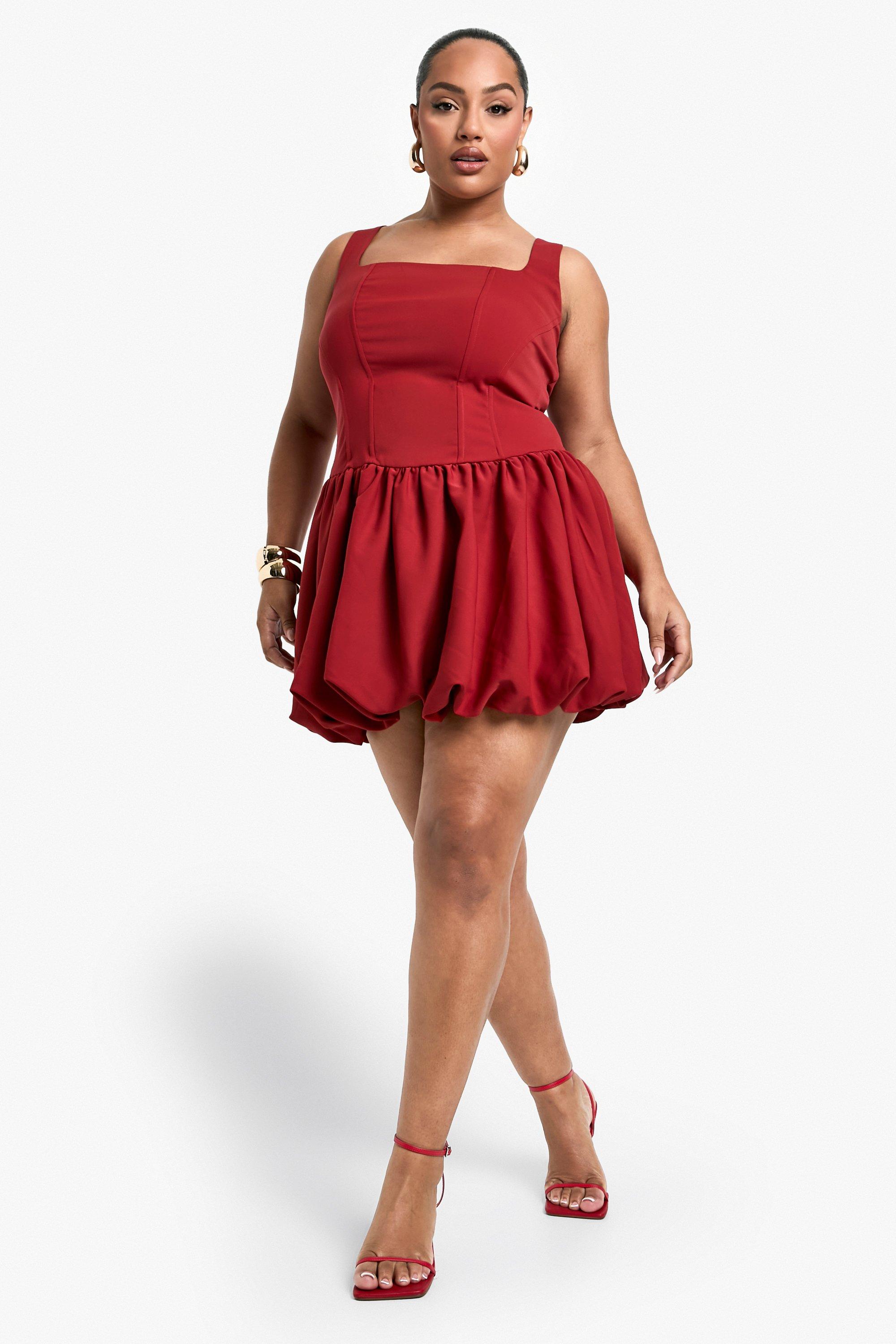 Boohoo Plus Geplooide Skater Jurk Met Vierkante Hals, Red