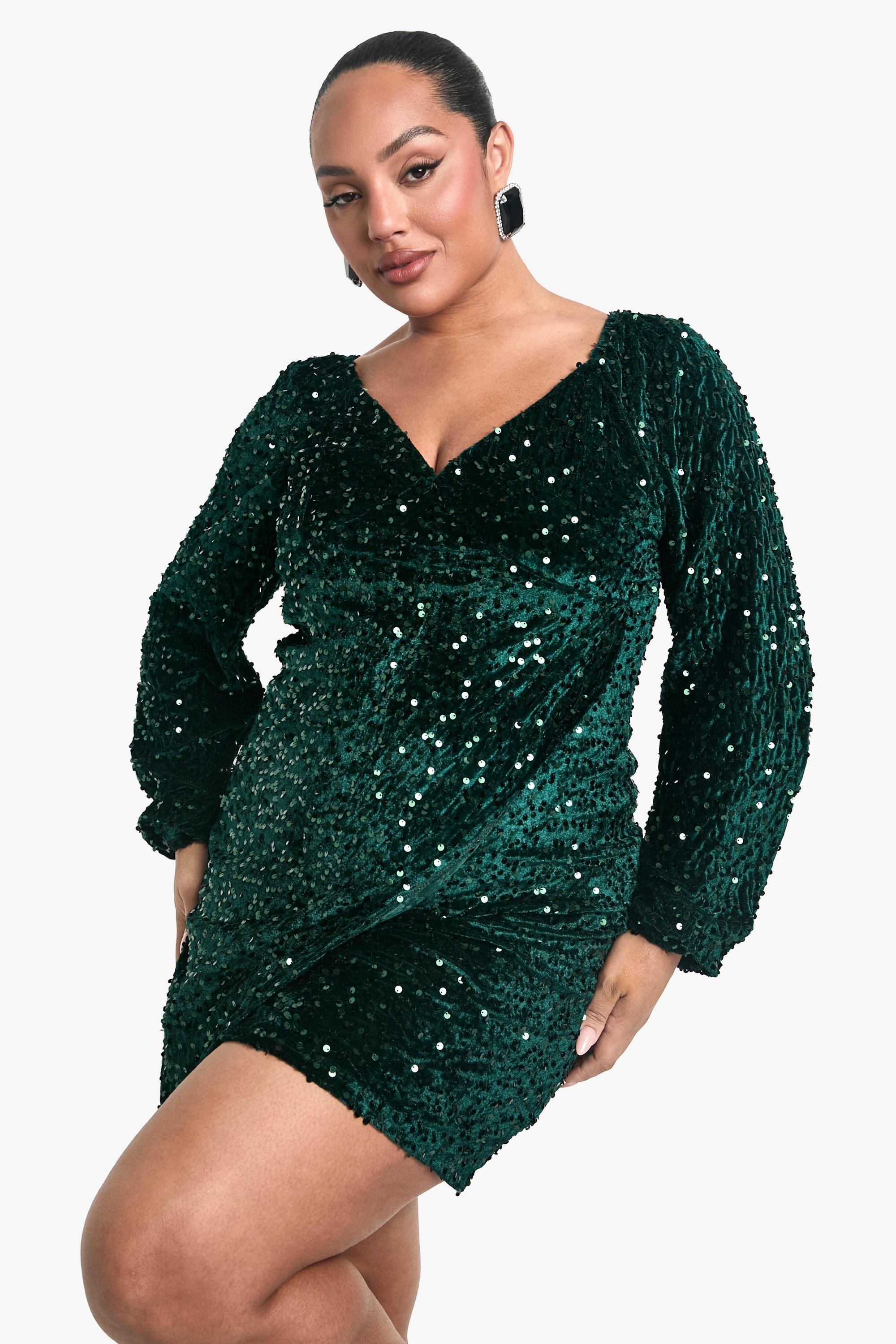 Boohoo Plus Fluwelen Glitter Swing Jurk Met Pailletten, Emerald