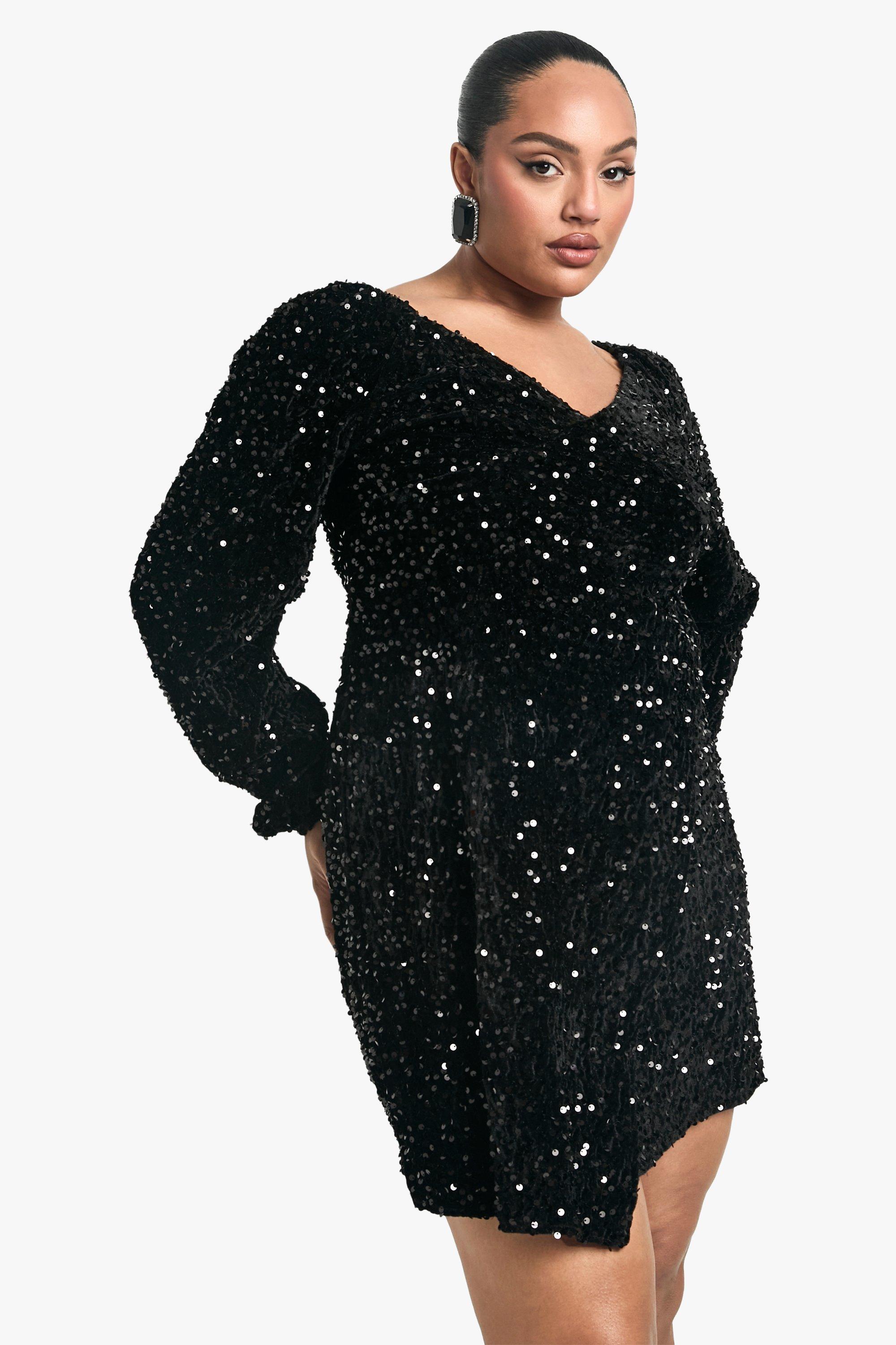 Boohoo Plus Fluwelen Glitter Swing Jurk Met Pailletten, Black