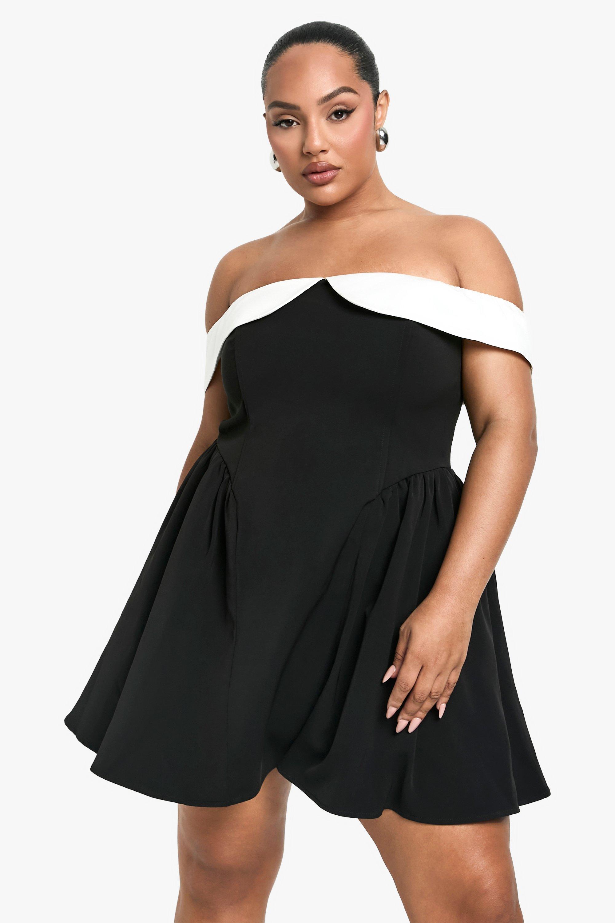 Boohoo Plus Geplooide Contrasterende Off Shoulder Skater Jurk, Black