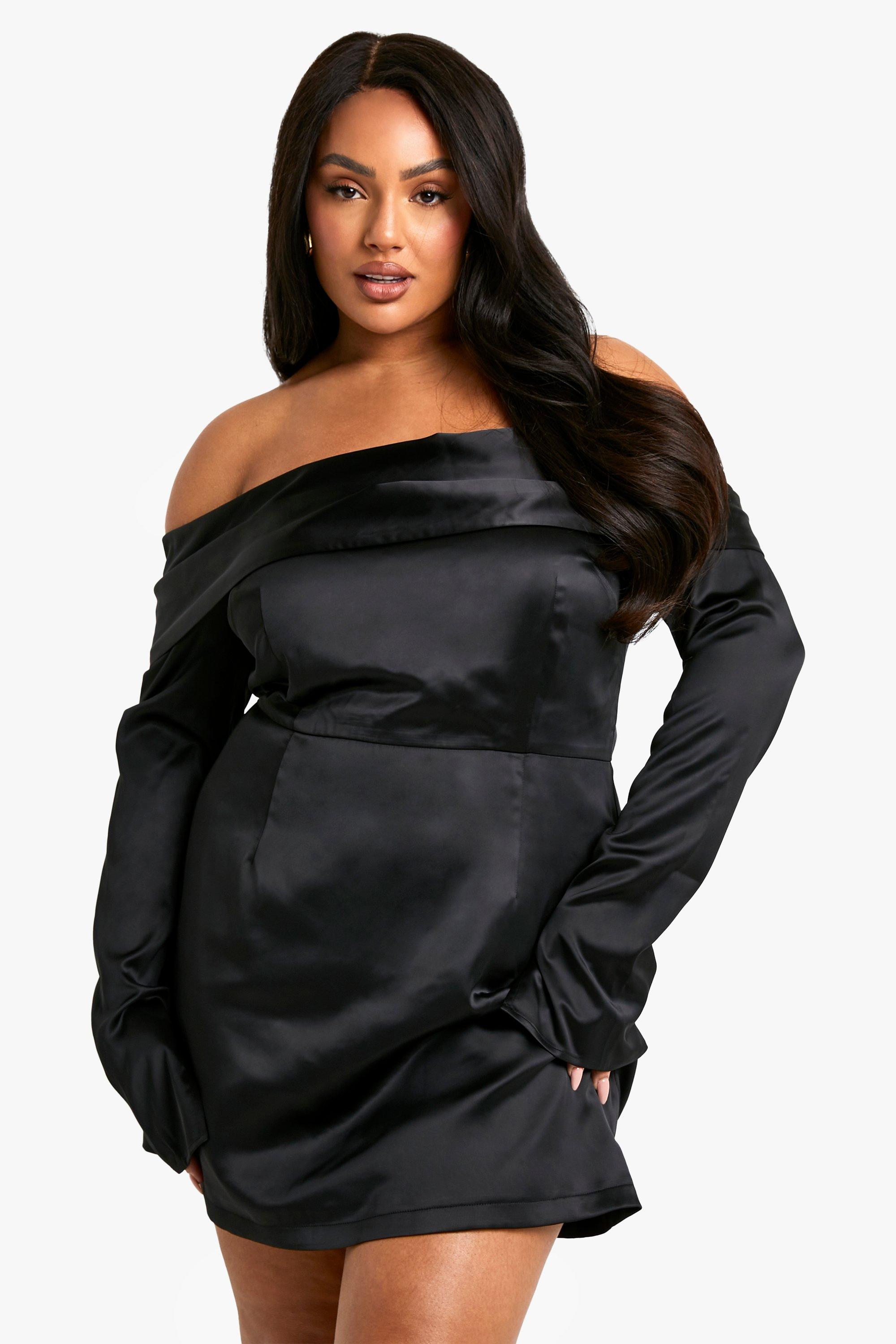 Boohoo Plus Satijnen Off Shoulder Jurk, Black