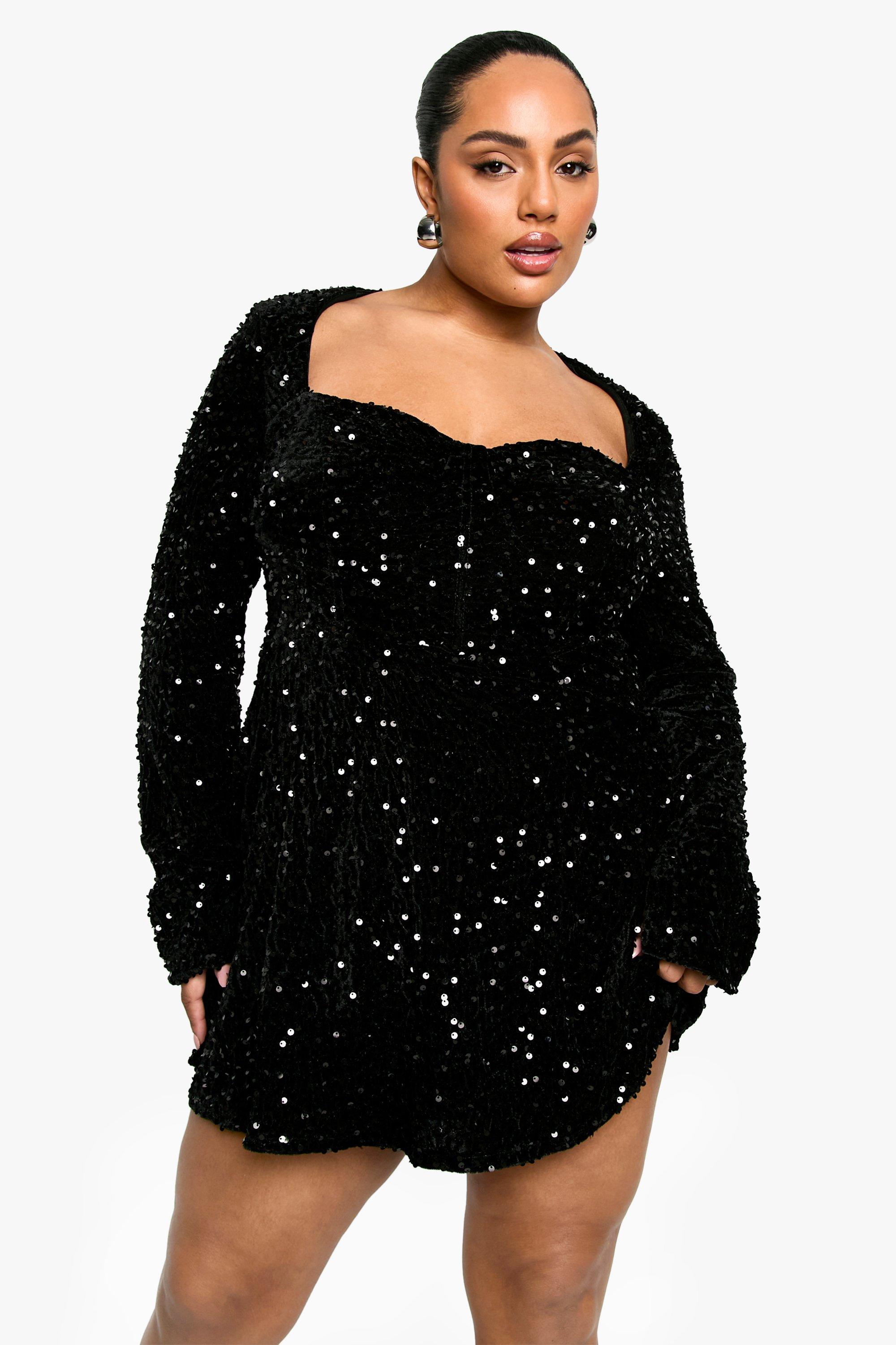 Boohoo Plus Fluwelen Glitter Skater Jurk Met Pailletten En Hartvormige Hals, Black