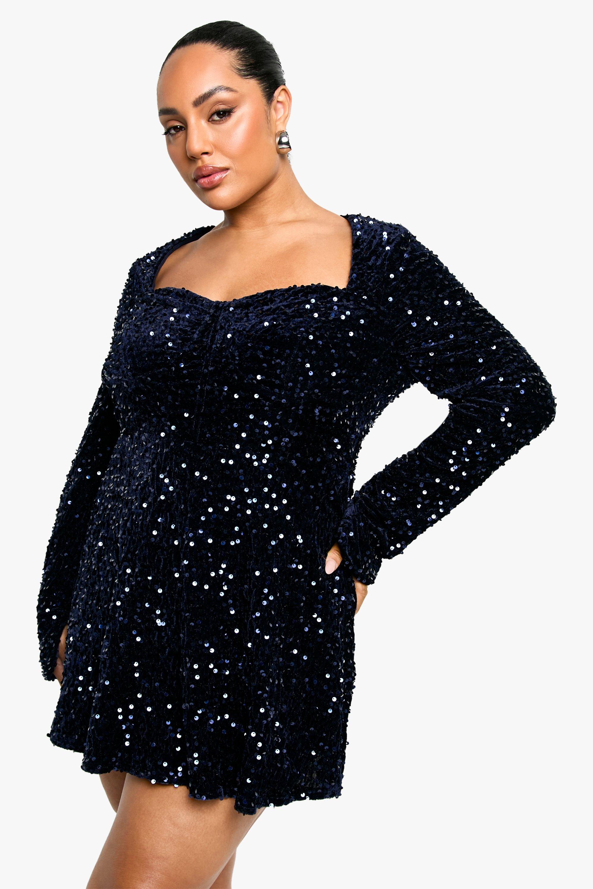 Boohoo Plus Fluwelen Glitter Skater Jurk Met Pailletten En Hartvormige Hals, Navy