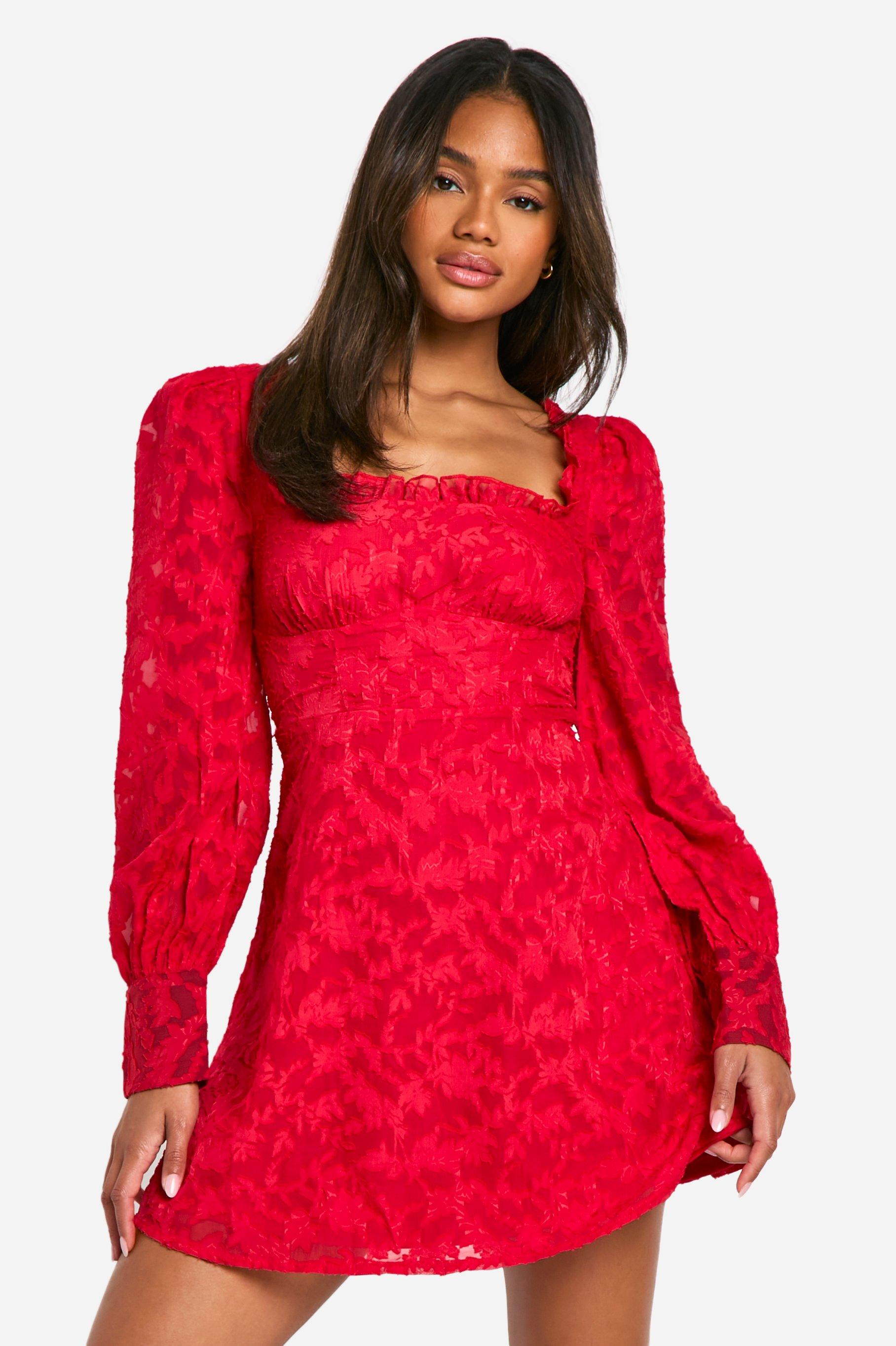 Boohoo Melkmeisjes Mini Jurk Met Textuur En Korset Detail, Red