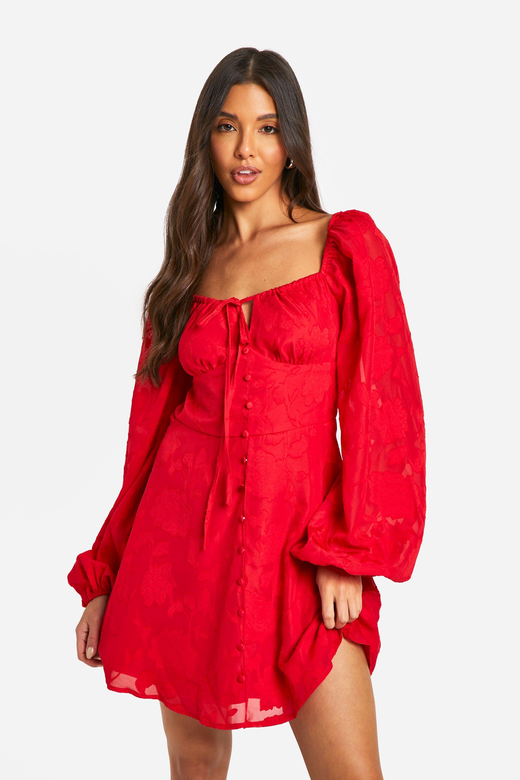 Boohoo Melkmeisjes Mini Jurk Met Textuur En Ballonmouwen, Red