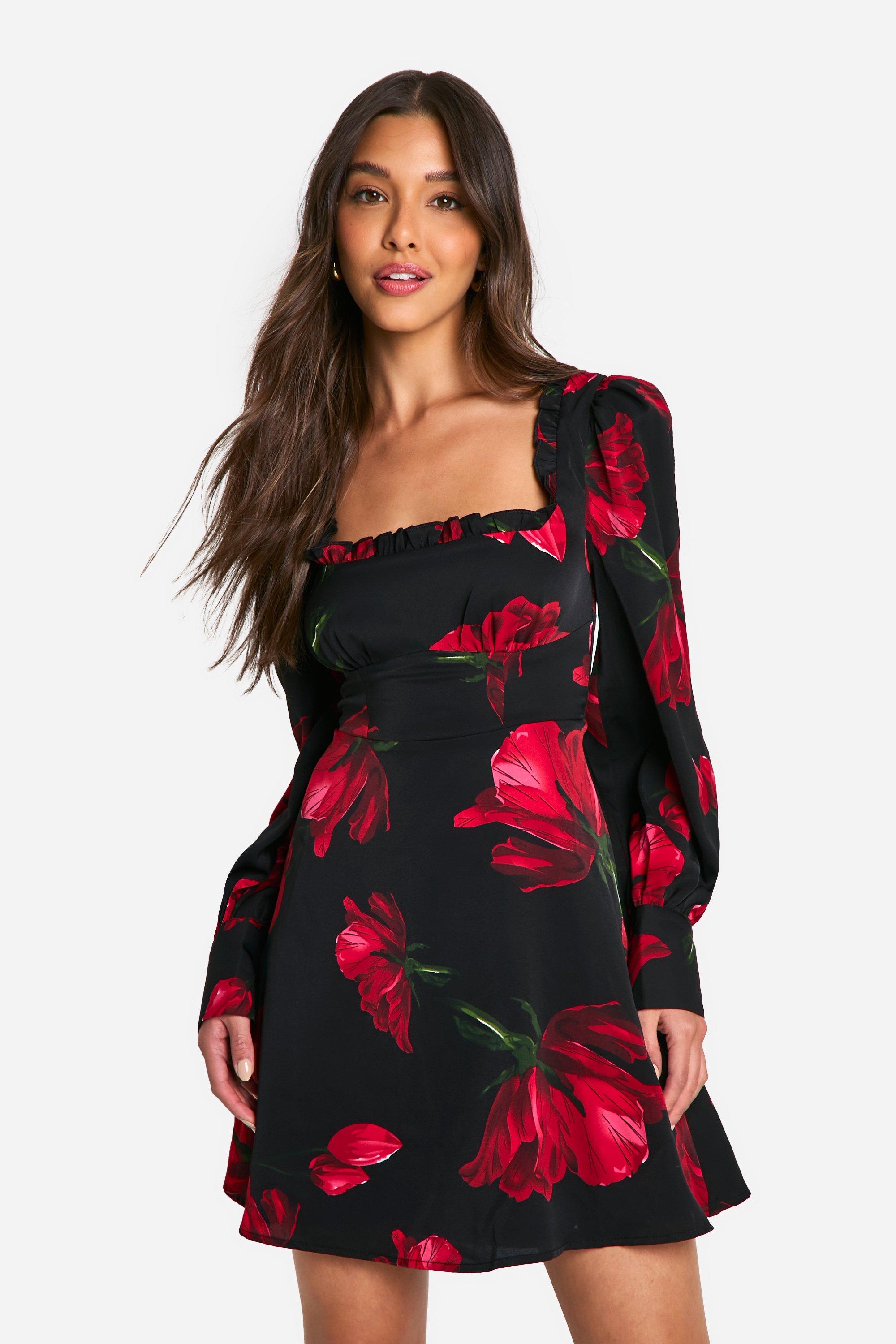 Boohoo Bloemen Melkmeisjes Mini Jurk Met Korset Detail, Black