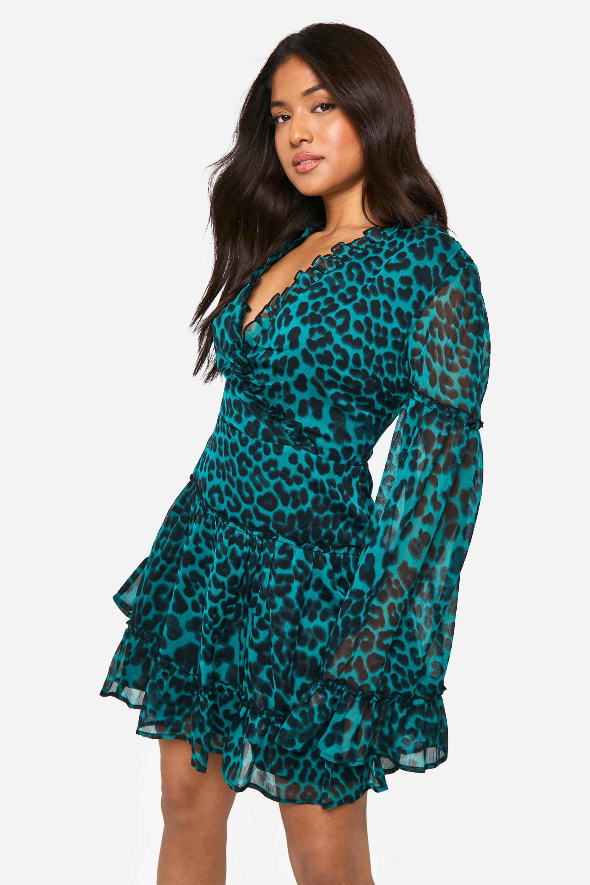 Boohoo Petite Chiffon Luipaardprint Skater Jurk, Teal