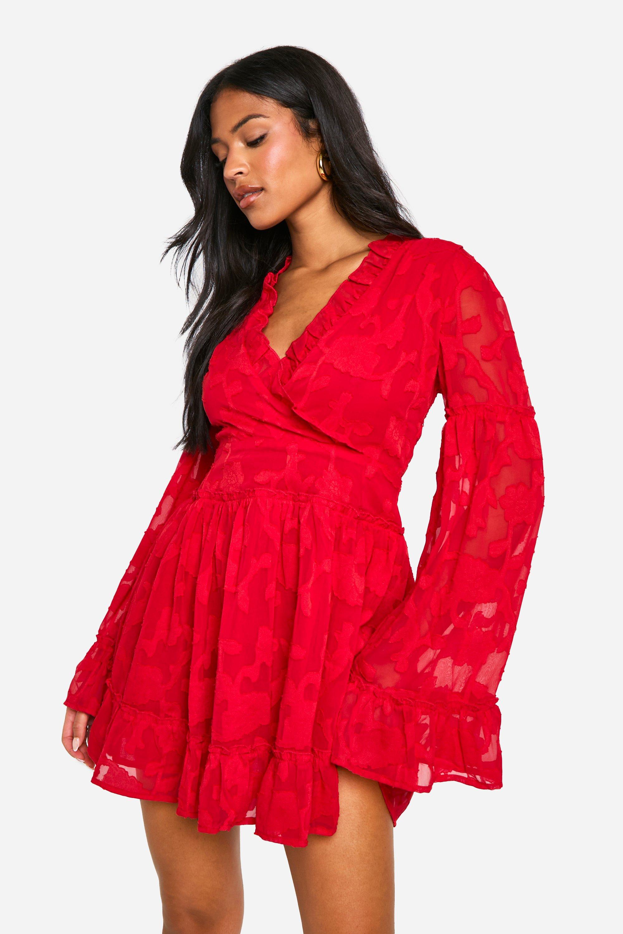 Boohoo Tall Burnout Bloemen Skater Jurk Met Ruches, Red