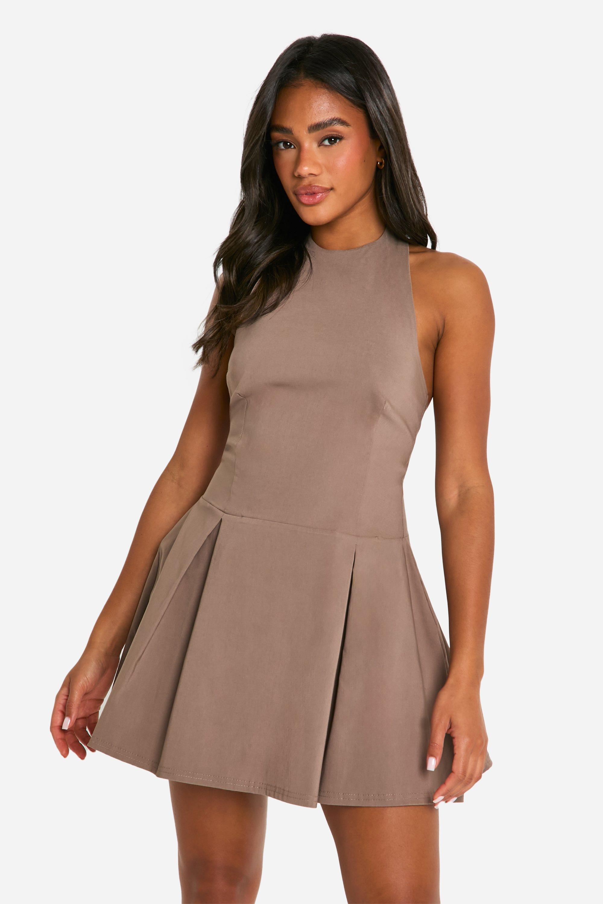 Boohoo Bengaline Halter Skater Jurk, Mocha