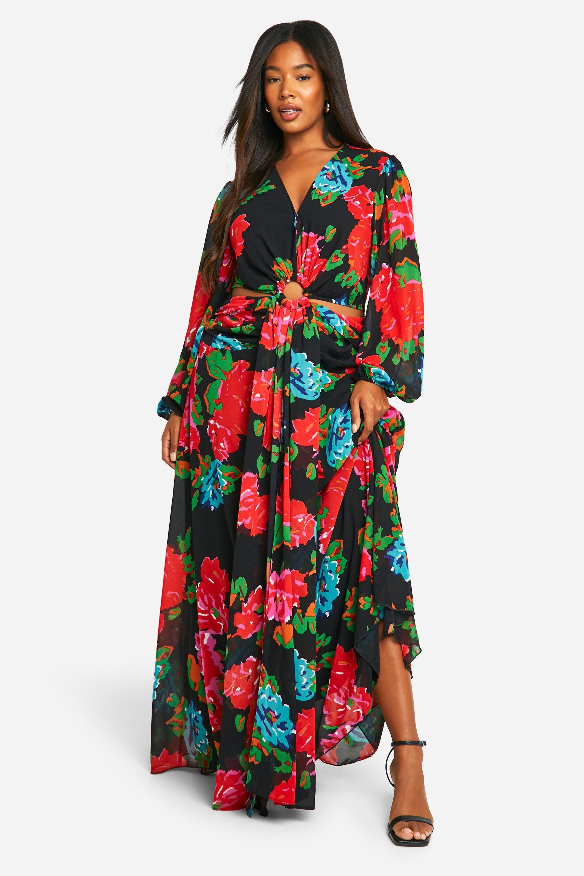 Boohoo Plus Chiffon Bloemenprint Maxi Jurk Met Uitsnijding, Black